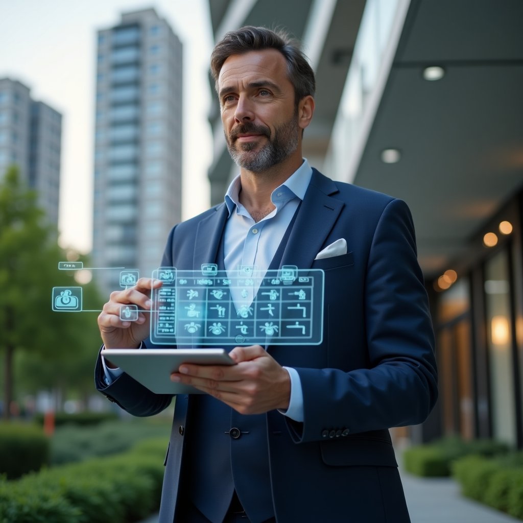 (Ultra-realistic condominium manager in a navy blue tailored suit, set in a modern luxury condominium environment with high-rise buildings and lush green landscaping, holding a transparent holographic calendar and tapping tasks on a tablet, floating icons of checkmarks and group avatars symbolizing resident engagement, confident and engaged expression, cinematic lighting, shallow depth of field, highly detailed textures, realistic skin, photographic realism, 8k resolution --ar 1:1 --v 6)