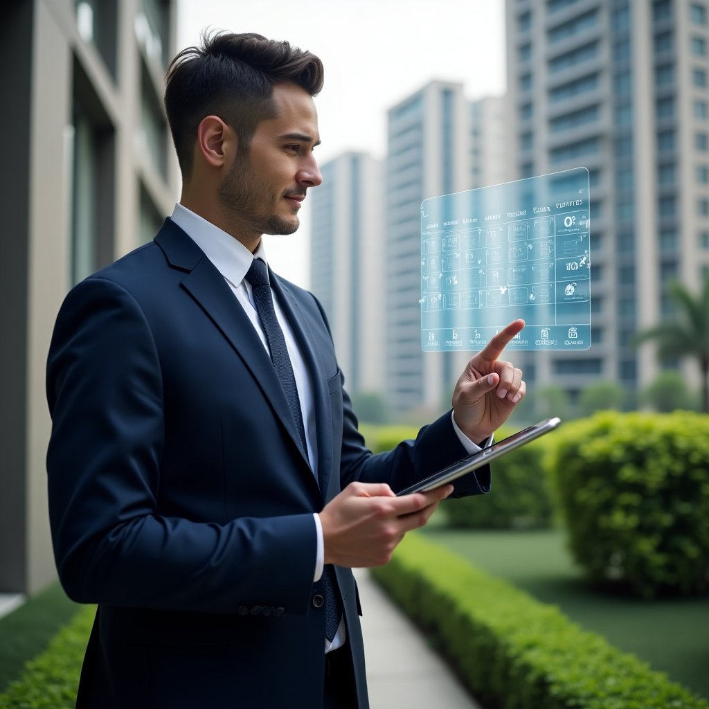 (Ultra-realistic condominium manager in a tailored navy blue suit, set in a modern luxury condominium environment with high-rise buildings and manicured green landscaping, holding a tablet displaying a digital activity calendar, pointing at a holographic schedule overlay with maintenance and event icons, confident and focused expression, cinematic lighting, shallow depth of field, highly detailed textures, realistic skin, photographic realism, 8k resolution --ar 1:1 --v 6)