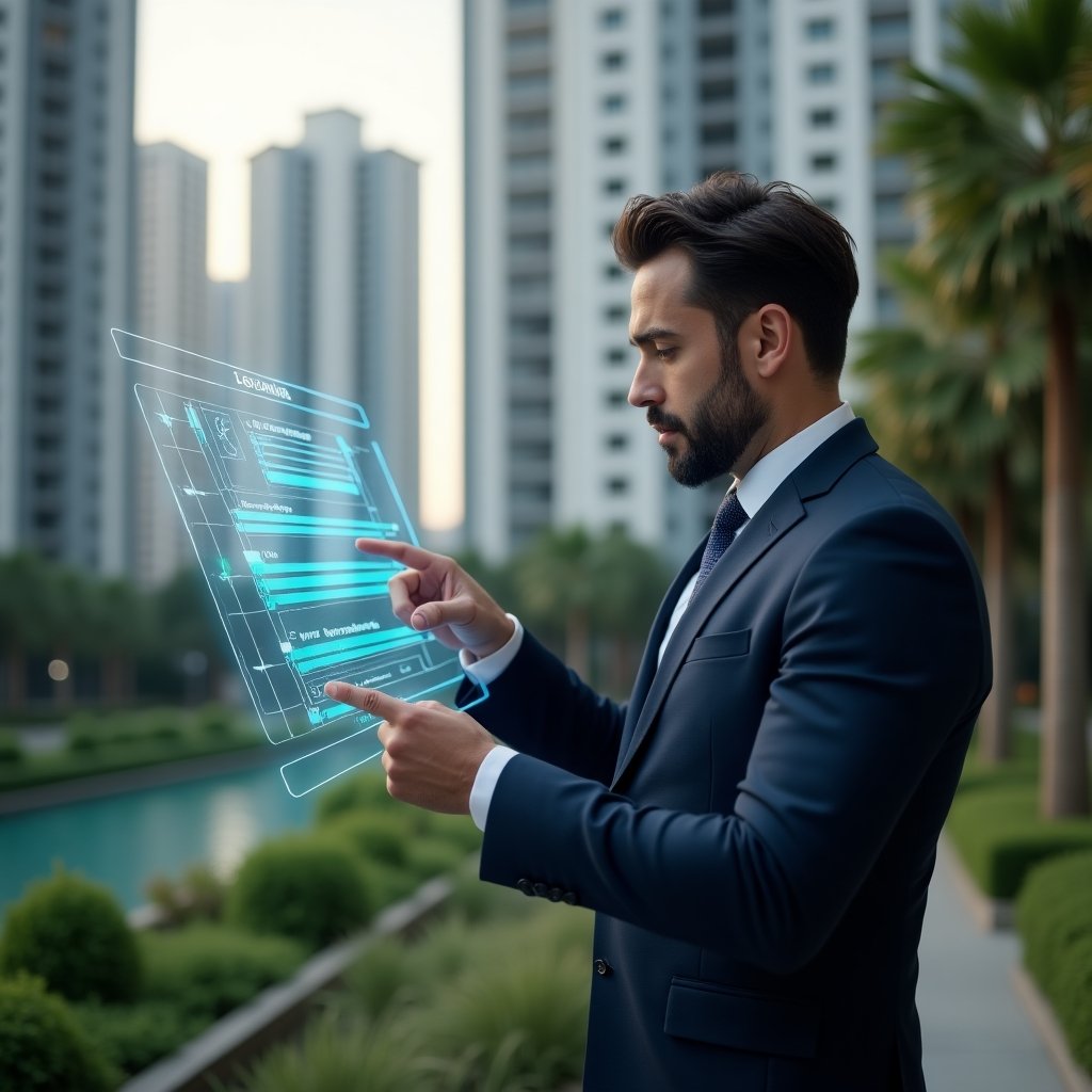 (Ultra-realistic condominium manager in a navy blue suit, set in a modern luxury condominium environment with high-rise buildings and lush green landscaping, checking and pointing at a holographic Gantt chart schedule with floating calendar and checkmark icons, confident and focused expression, cinematic lighting, shallow depth of field, highly detailed textures, realistic skin, photographic realism, 8k resolution --ar 1:1 --v 6)