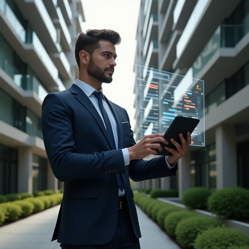 Ultra-realistic condominium manager in a tailored navy executive suit, set in a modern luxury condominium environment with high-rise buildings and manicured green landscaping, medium shot of a confident professional holding a tablet projecting a floating holographic Gantt chart with task icons, cinematic lighting, shallow depth of field, highly detailed textures, realistic skin, photographic realism, 8k resolution --ar 1:1 --v 6