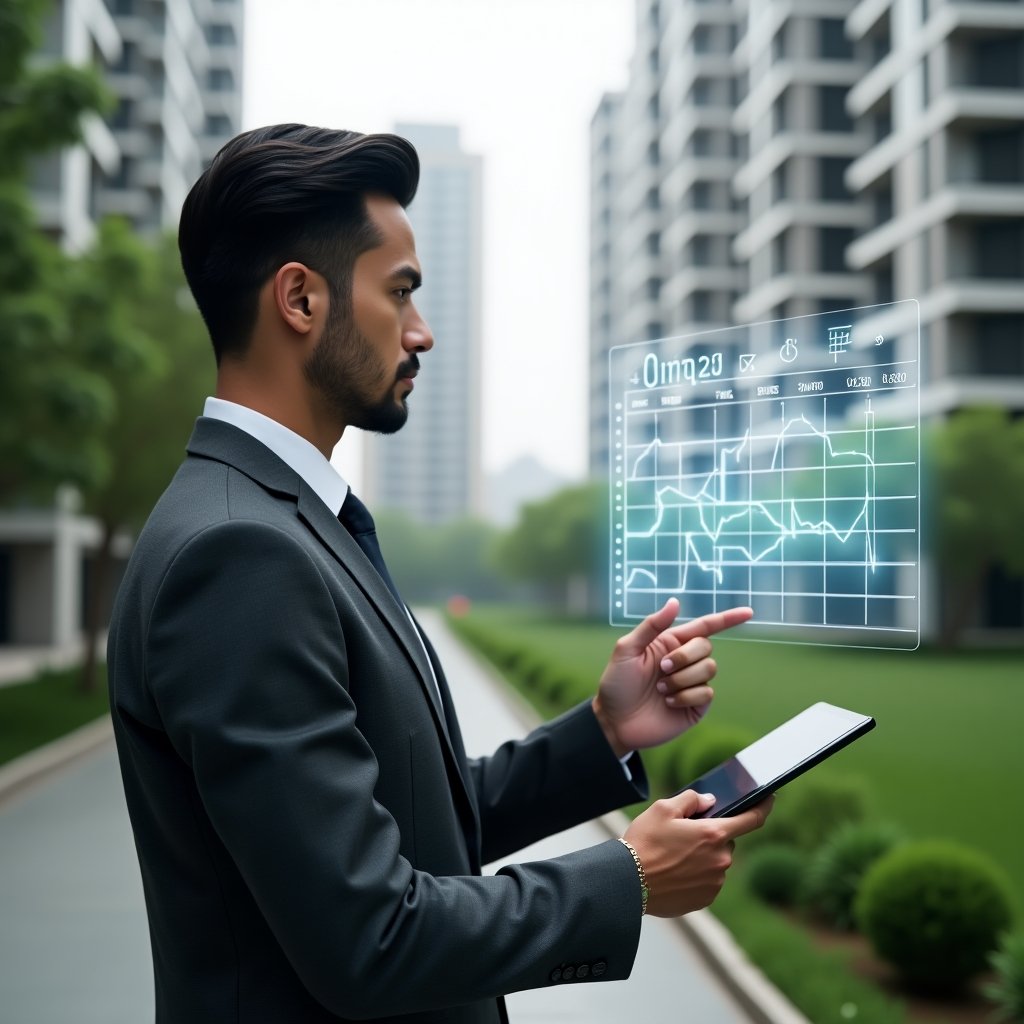 (Ultra-realistic condominium manager in a charcoal gray tailored suit, set in a modern luxury condominium environment with high-rise buildings and manicured green landscaping, holding a tablet and pointing at a floating holographic calendar with Gantt-style schedule bars and checklist icons, holographic interface elements representing tasks and timelines, focused and confident expression, cinematic lighting, shallow depth of field, highly detailed textures, realistic skin, photographic realism, 8k resolution --ar 1:1 --v 6)