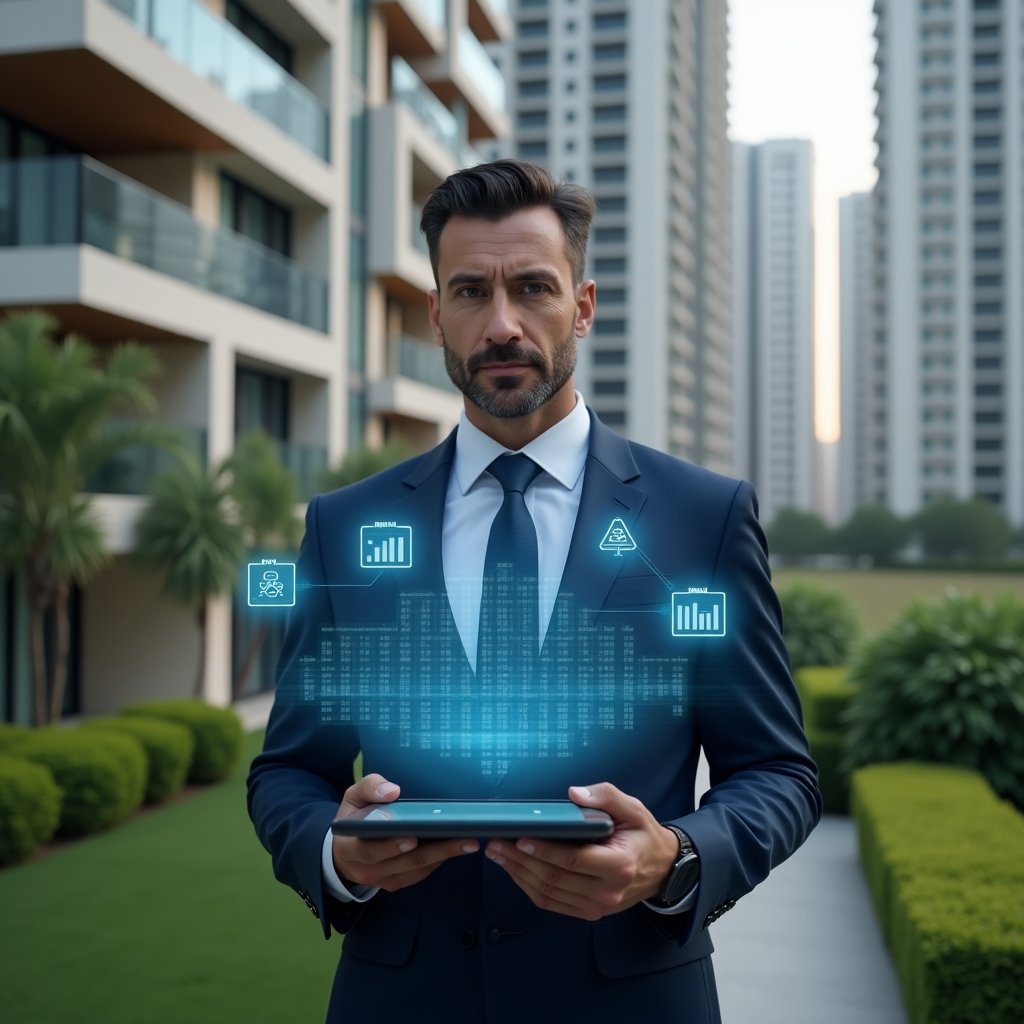 Ultra-realistic condominium manager in a tailored navy blue suit, set in a modern luxury condominium environment with high-rise buildings and manicured green landscaping, holding a tablet displaying a digital activity schedule hologram, confident and focused expression, floating calendar icons and performance graphs around, cinematic lighting, shallow depth of field, highly detailed textures, realistic skin, photographic realism, 8k resolution --ar 1:1 --v 6