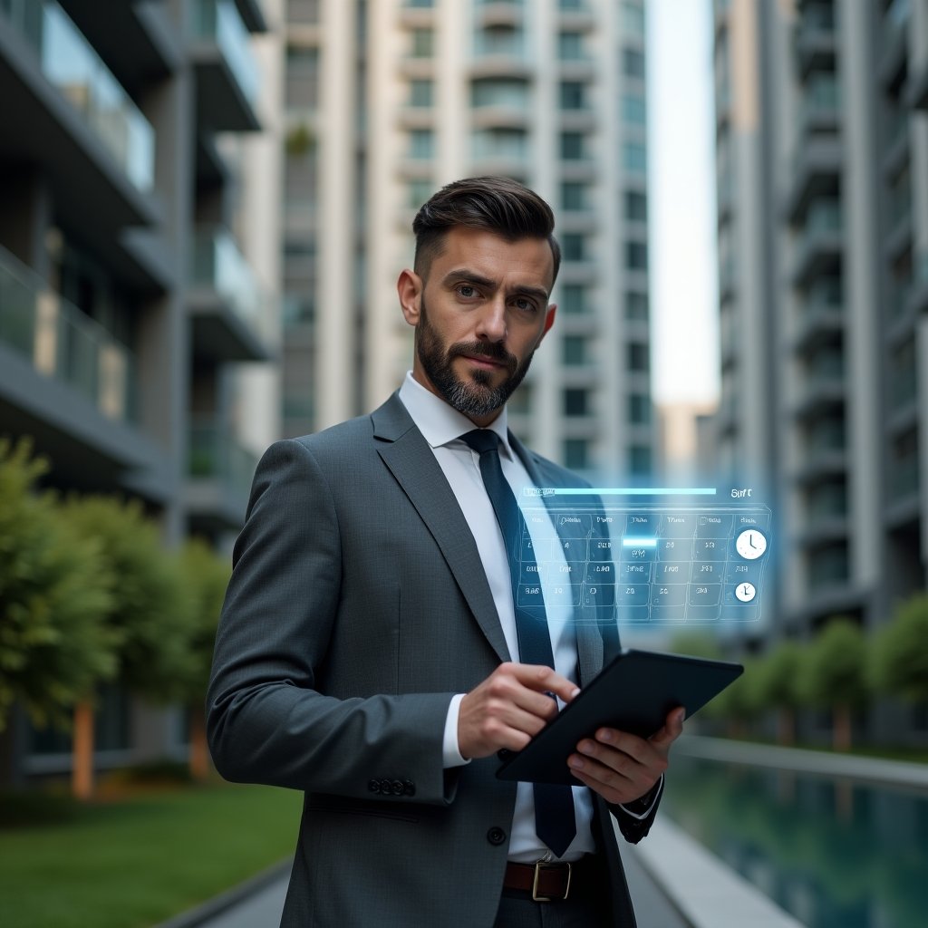 (Ultra-realistic condominium manager in a charcoal gray suit, set in a modern luxury condominium environment with high-rise buildings and green landscaping, holding a tablet and reviewing a floating holographic calendar schedule with check-mark and clock icons, confident and focused expression, cinematic lighting, shallow depth of field, highly detailed textures, realistic skin, photographic realism, 8k resolution --ar 1:1 --v 6)