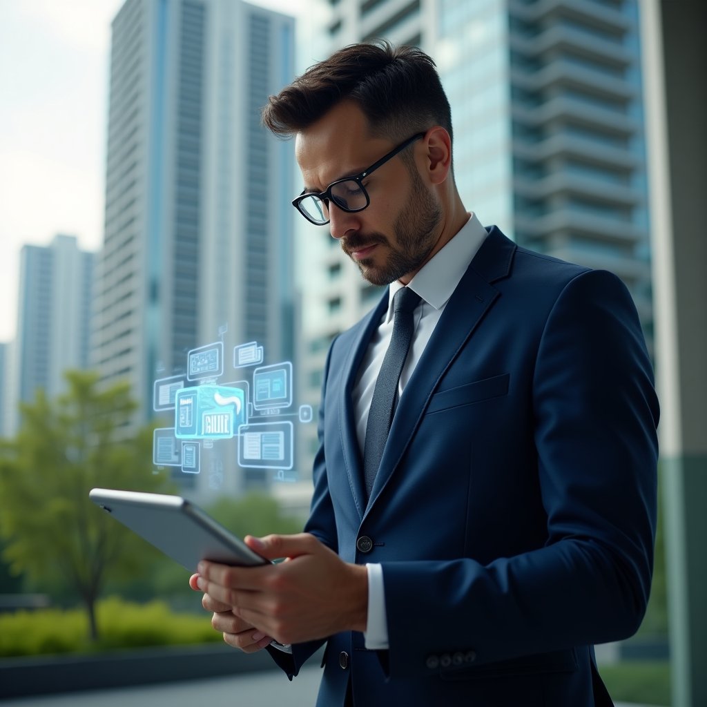 (Ultra-realistic condominium manager in a navy blue executive suit, set in a modern luxury condominium environment with high-rise buildings and green landscaping, examining a digital tablet displaying a maintenance schedule with floating holographic calendar icons, conveying confidence and focus, cinematic lighting, shallow depth of field, highly detailed textures, realistic skin, photographic realism, 8k resolution --ar 1:1 --v 6)