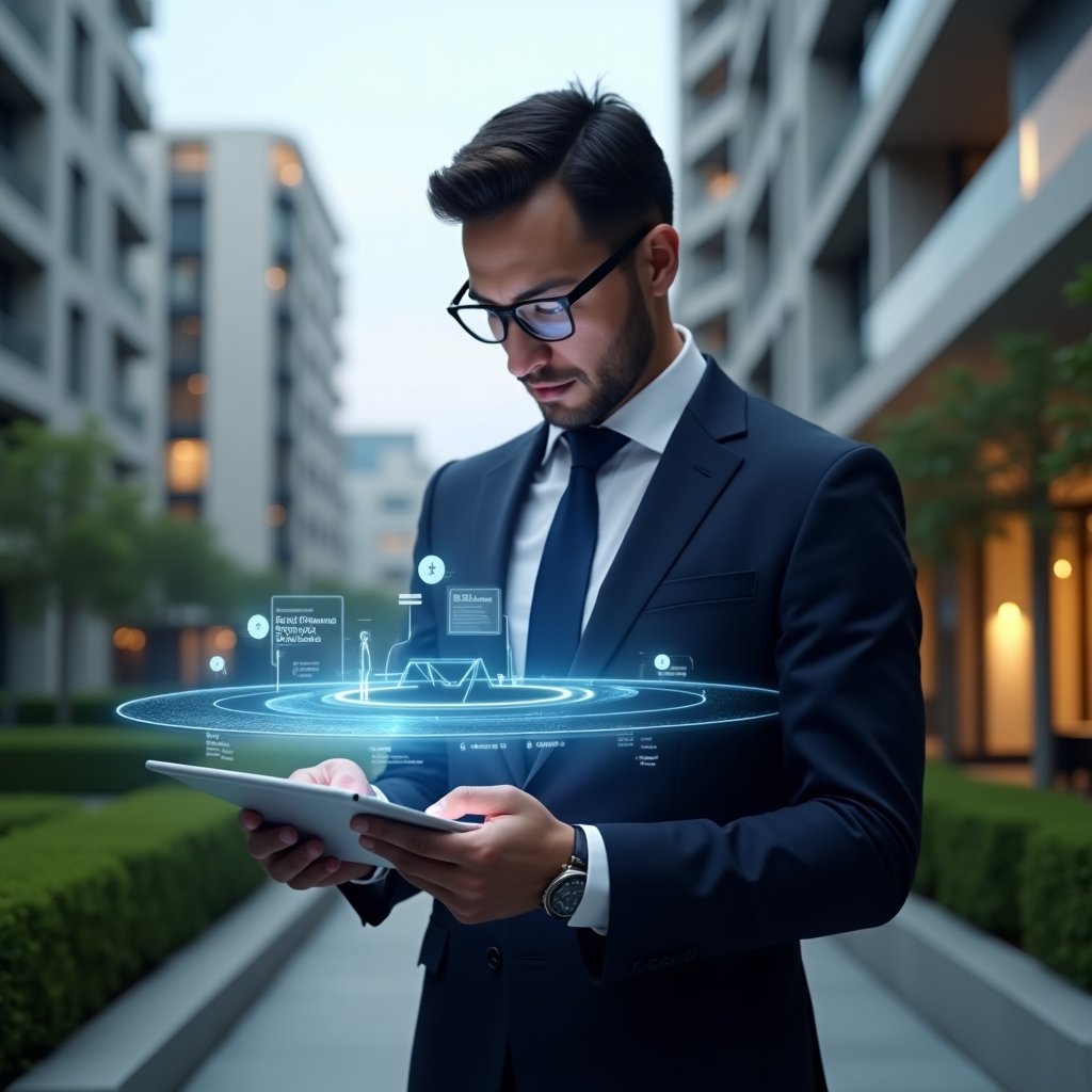 Ultra-realistic condominium manager in a navy suit and tie, set in a modern luxury condominium environment with high-rise buildings and meticulously landscaped gardens, reviewing a holographic project timeline projected from a tablet, floating icons of tasks and progress bars around them, confident and focused expression, cinematic lighting, shallow depth of field, highly detailed textures, realistic skin, photographic realism, 8k resolution --ar 1:1 --v 6