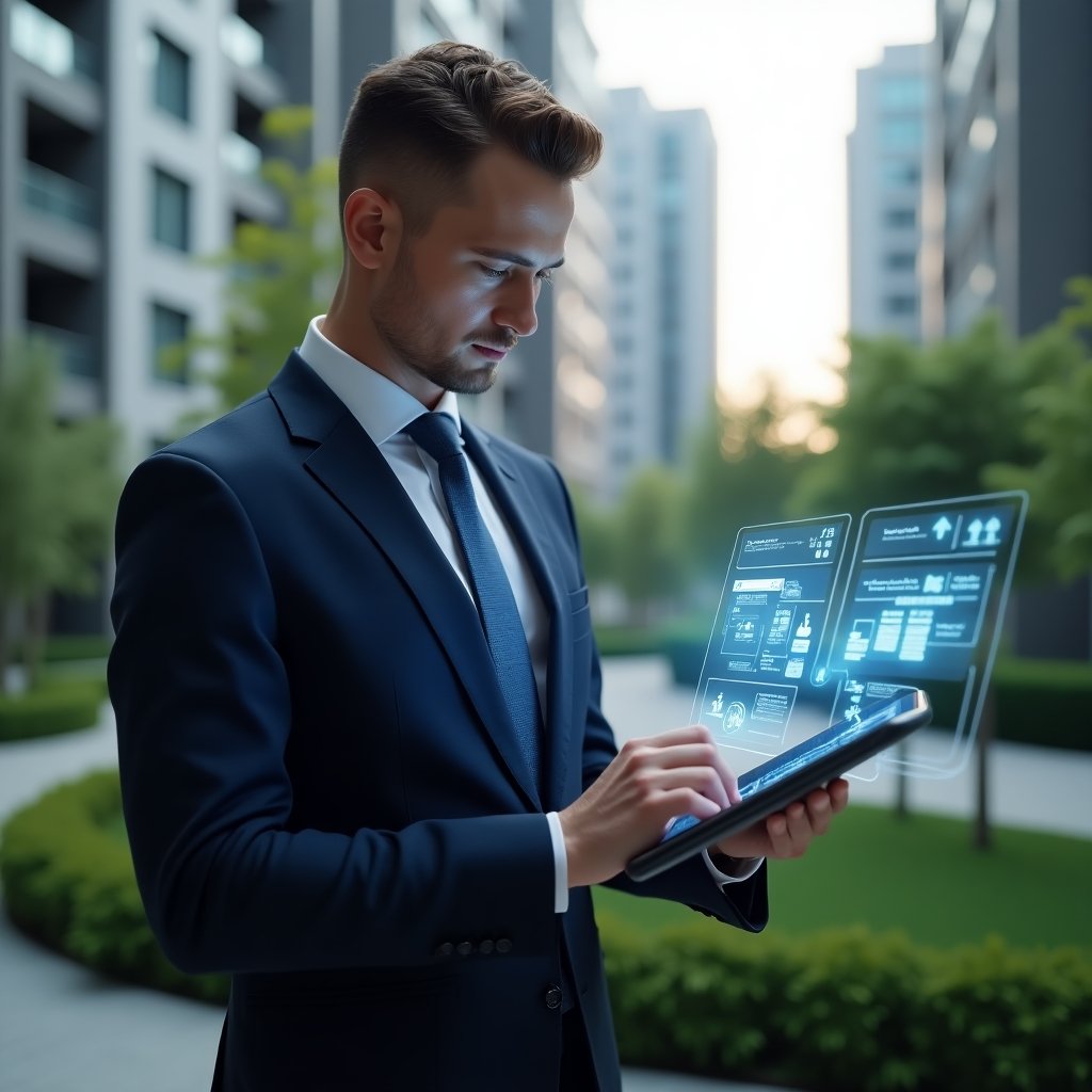 Ultra-realistic condominium manager in a navy business suit, set in a modern luxury condominium environment with high-rise buildings and green landscaping, reviewing a digital schedule on a holographic tablet with floating calendar and checklist icons, confident and focused, cinematic lighting, shallow depth of field, highly detailed textures, realistic skin, photographic realism, 8k resolution --ar 1:1 --v 6