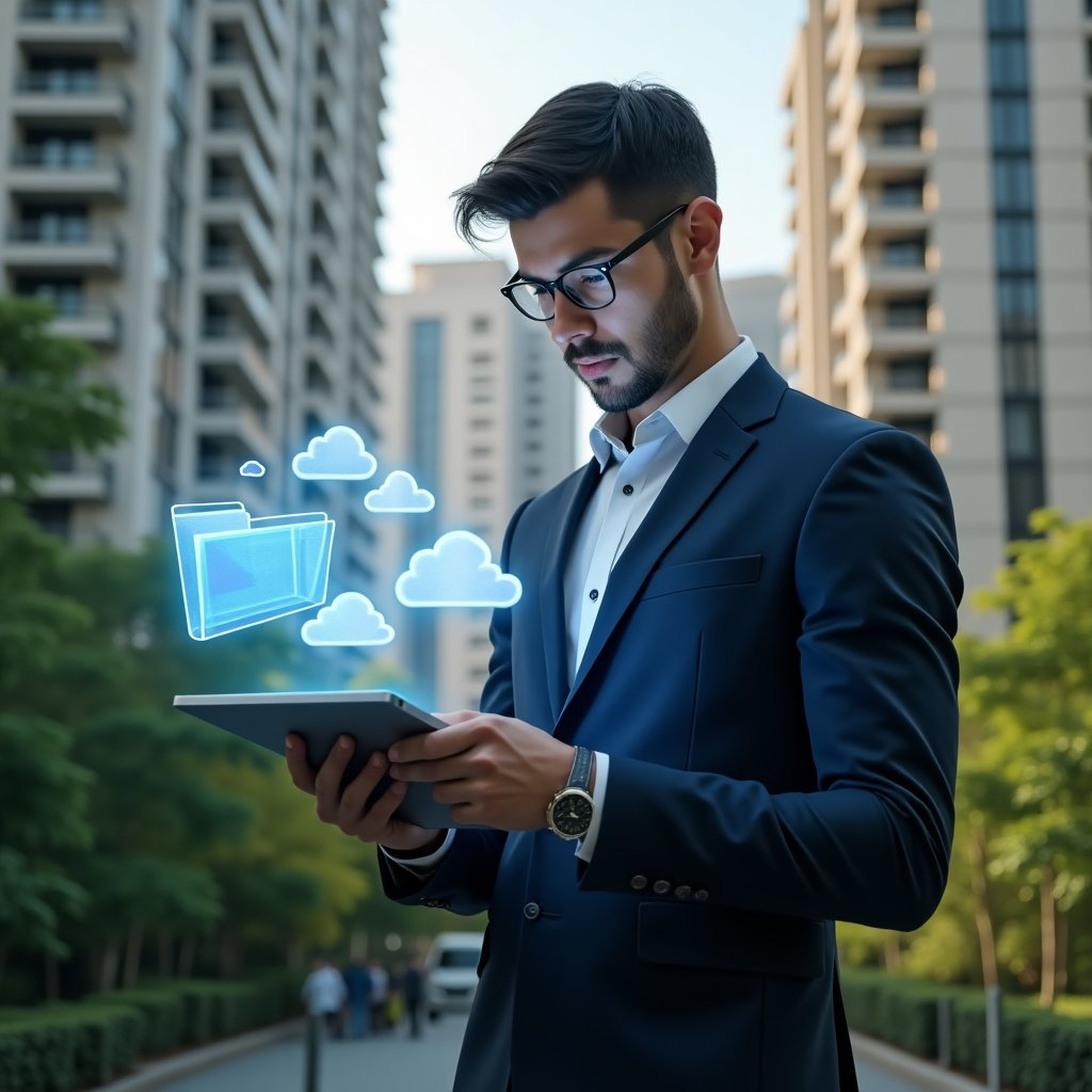(Ultra-realistic condominium manager in a navy blue suit, set in a modern luxury condominium environment with high-rise buildings and lush green landscaping, reviewing digital documents on a transparent tablet with floating holographic folder and cloud icons, confident expression, cinematic lighting, shallow depth of field, highly detailed textures, realistic skin, photographic realism, 8k resolution --ar 1:1 --v 6)