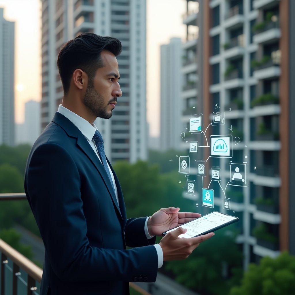 (Ultra-realistic condominium manager in a tailored navy suit, set in a modern luxury condominium environment with high-rise buildings and lush green landscaping, medium shot as they interact with a floating holographic dashboard displaying icons for messaging, financial charts, booking calendars and notifications, conveying confidence and efficiency, cinematic lighting, shallow depth of field, highly detailed textures, realistic skin, photographic realism, 8k resolution --ar 1:1 --v 6)