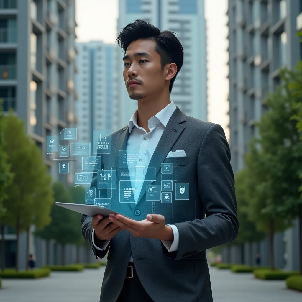 (Ultra-realistic condominium manager in a charcoal gray tailored suit, set in a modern luxury condominium environment with high-rise buildings and manicured green landscaping, holding a transparent holographic tablet displaying financial charts, security camera feeds, and messaging icons, automation gear holograms floating around, confident and focused expression, cinematic lighting, shallow depth of field, highly detailed textures, realistic skin, photographic realism, 8k resolution --ar 1:1 --v 6)