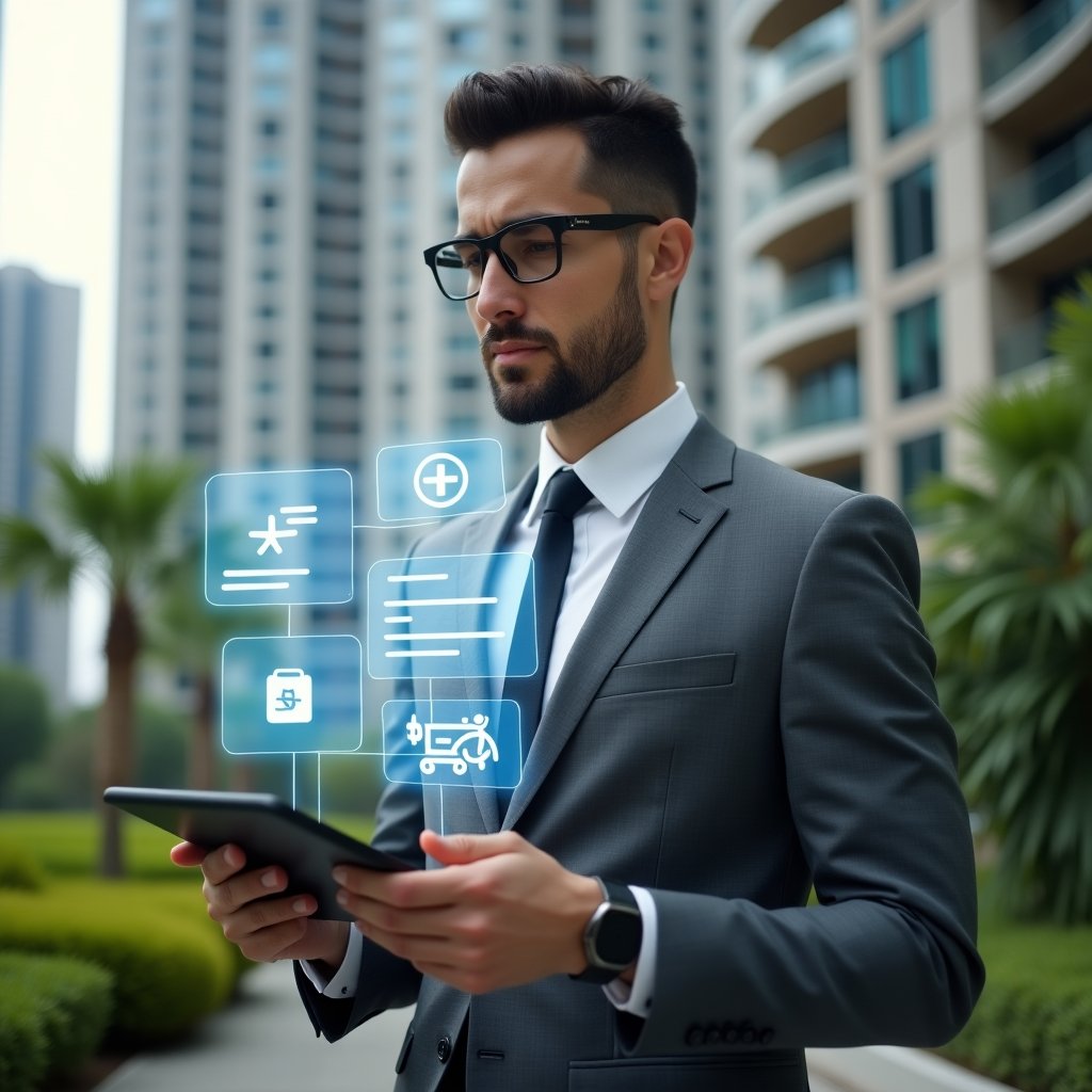 (Ultra-realistic condominium manager in a tailored gray suit, set in a modern luxury condominium environment with high-rise buildings and meticulously landscaped greenery, holding a tablet projecting holographic icons of chat bubbles, financial charts and maintenance tools, confident and focused expression, cinematic lighting, shallow depth of field, highly detailed textures, realistic skin, photographic realism, 8k resolution --ar 1:1 --v 6)