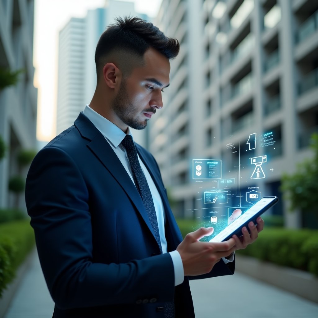 (Ultra-realistic condominium manager in a modern navy blue suit, set in a modern luxury condominium environment with high-rise buildings and lush green landscaping, examining a holographic smartphone interface showing notifications, financial charts and security camera icons, floating UI holograms representing secret app features, confident expression, cinematic lighting, shallow depth of field, highly detailed textures, realistic skin, photographic realism, 8k resolution --ar 1:1 --v 6)