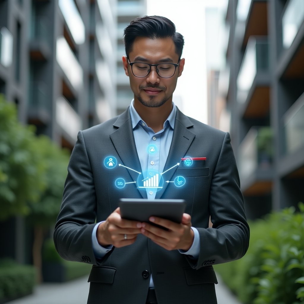 Ultra-realistic condominium manager in a charcoal gray tailored suit, set in a modern luxury condominium environment with high-rise buildings and lush green landscaping, mid shot holding a tablet projecting holographic icons of notifications, financial graphs and app interfaces, confident and focused expression, cinematic lighting, shallow depth of field, highly detailed textures, realistic skin, photographic realism, 8k resolution --ar 1:1 --v 6