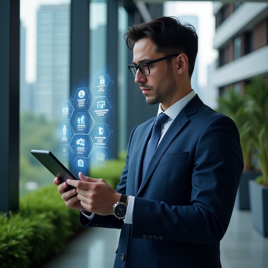 Ultra-realistic condominium manager professional in a navy blue suit, set in a modern luxury condominium environment with high-rise buildings and lush green landscaping, holding a tablet projecting holographic icons representing cost savings, intuitive interface, human connection, emergency alerts, and user permissions, confidently analyzing the digital display, cinematic lighting, shallow depth of field, highly detailed textures, realistic skin, photographic realism, 8k resolution --ar 1:1 --v 6