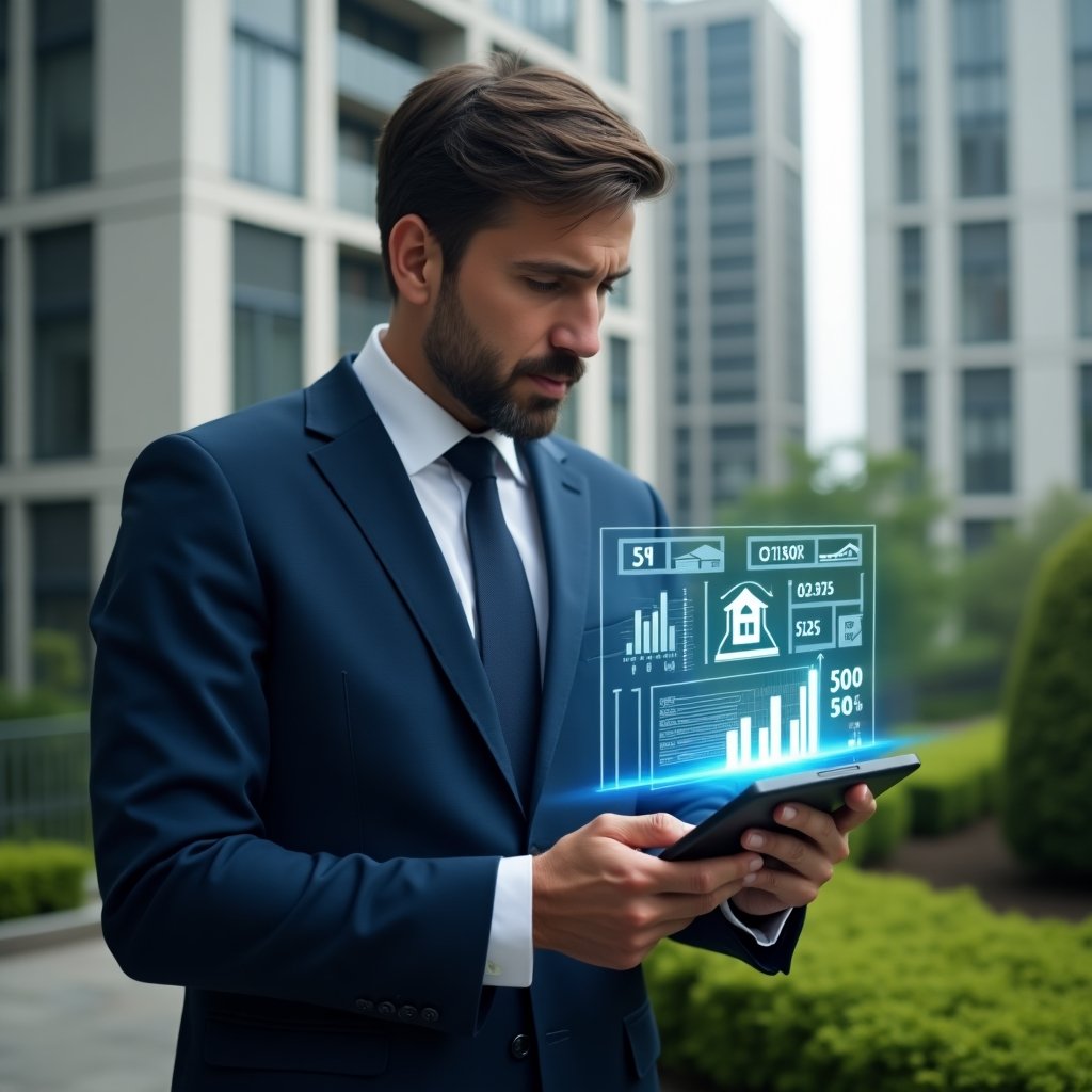 (Ultra-realistic condominium manager in a tailored navy blue suit, set in a modern luxury condominium environment with high-rise buildings and manicured green landscaping, analyzing financial data on a sleek tablet with floating holographic expense charts and personnel cost icons, focused and confident expression, cinematic lighting, shallow depth of field, highly detailed textures, realistic skin, photographic realism, 8k resolution --ar 1:1 --v 6)