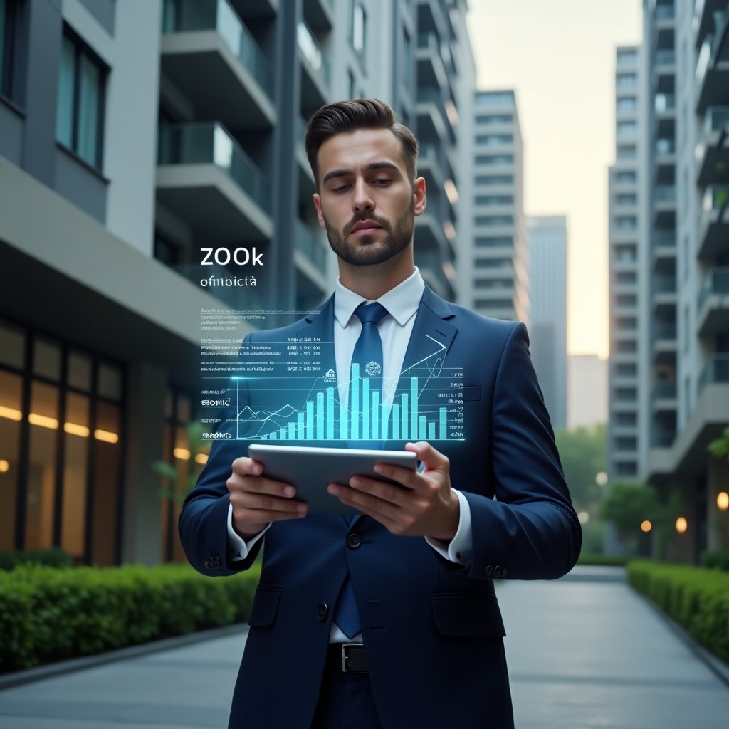 Ultra-realistic condominium manager in a tailored navy business suit, set in a modern luxury condominium environment with sleek high-rise buildings and manicured green landscaping, confidently reviewing digital expense reports on a tablet while holographic financial charts float above symbolizing cost optimization, cinematic lighting, shallow depth of field, highly detailed textures, realistic skin, photographic realism, 8k resolution --ar 1:1 --v 6