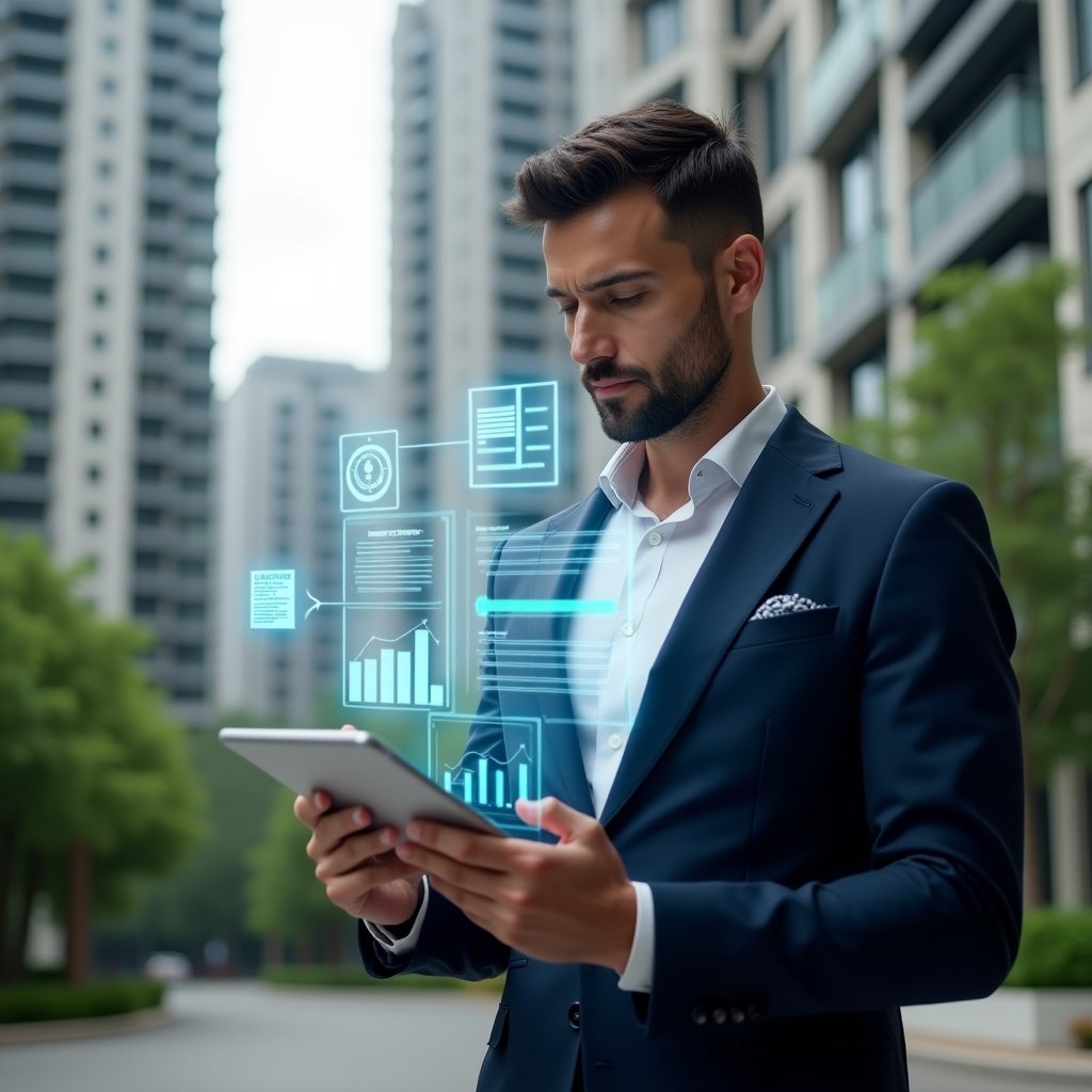 Ultra-realistic condominium manager in a tailored navy suit, set in a modern luxury condominium environment with high-rise towers and lush green landscaping, holding a tablet displaying holographic charts of monthly budgets and notification icons, analyzing data with a confident and focused expression, three floating holographic icons representing transparency (an eye over a document), communication (chat bubble), and automation (gear symbol), cinematic lighting, shallow depth of field, highly detailed textures, realistic skin, photographic realism, 8k resolution --ar 1:1 --v 6