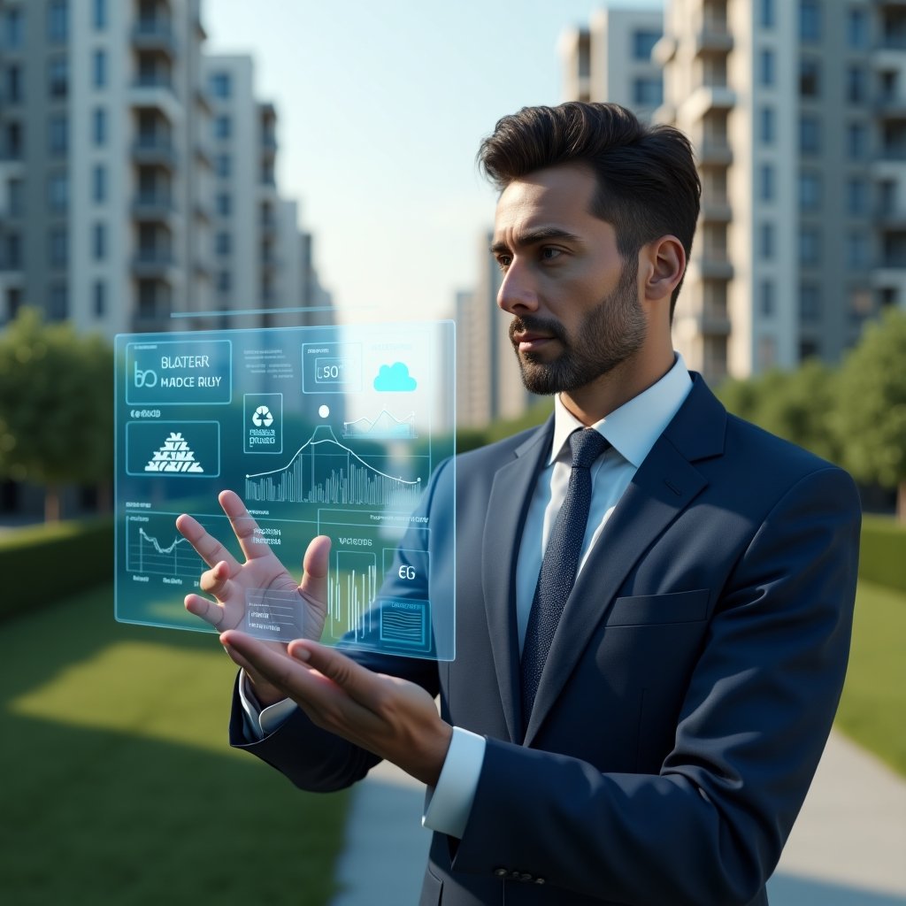 Ultra-realistic condominium manager in a navy blue executive suit, set in a modern luxury condominium environment with high-rise buildings and manicured green landscaping, mid shot of the manager reviewing a holographic dashboard showing cost-reduction graphs, solar panel icons, recycling symbols and revenue growth charts, confident and thoughtful expression, cinematic lighting, shallow depth of field, highly detailed textures, realistic skin, photographic realism, 8k resolution --ar 1:1 --v 6