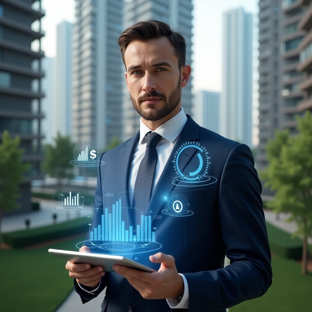 Ultra-realistic condominium manager in a tailored navy blue suit, set in a modern luxury condominium environment with high-rise buildings and lush green landscaping, mid-shot holding a tablet displaying holographic financial charts, surrounded by floating 3D graphs and currency icons symbolizing cost optimization and revenue growth, confident and focused expression, cinematic lighting, shallow depth of field, highly detailed textures, realistic skin, photographic realism, 8k resolution --ar 1:1 --v 6