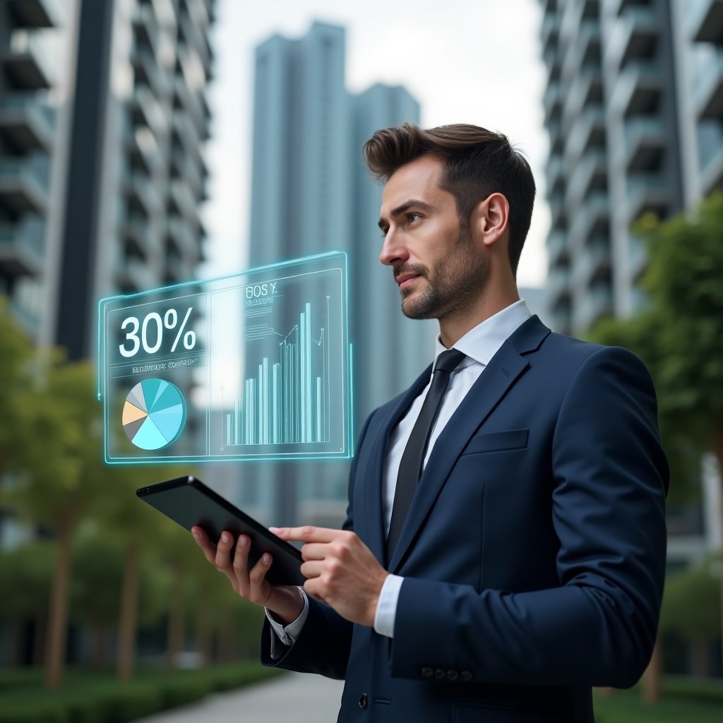 (Ultra-realistic condominium manager in a navy suit, set in a modern luxury condominium environment with high-rise buildings and lush green landscaping, medium shot of a confident professional holding a tablet and pointing at floating holographic bar charts and pie graphs illustrating 30% cost savings, cinematic lighting, shallow depth of field, highly detailed textures, realistic skin, photographic realism, 8k resolution --ar 1:1 --v 6)