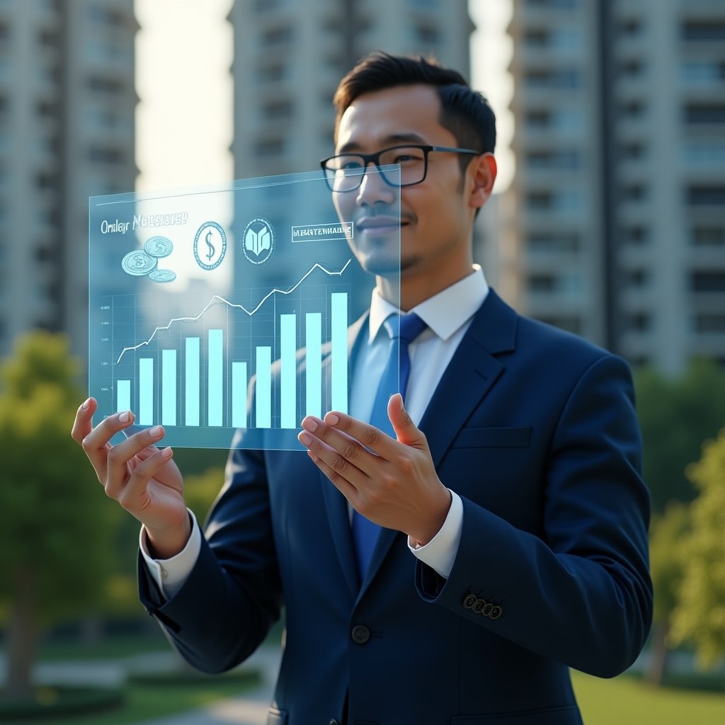 Ultra-realistic condominium manager in a tailored navy blue executive suit, set in a modern luxury condominium environment with high-rise buildings and lush green landscaping, medium shot of the manager confidently interacting with a semi-transparent holographic chart comparing ordinary and extraordinary expense graphs, floating icons of coins, maintenance tools and building symbols around them, cinematic lighting, shallow depth of field, highly detailed textures, realistic skin, photographic realism, 8k resolution --ar 1:1 --v 6