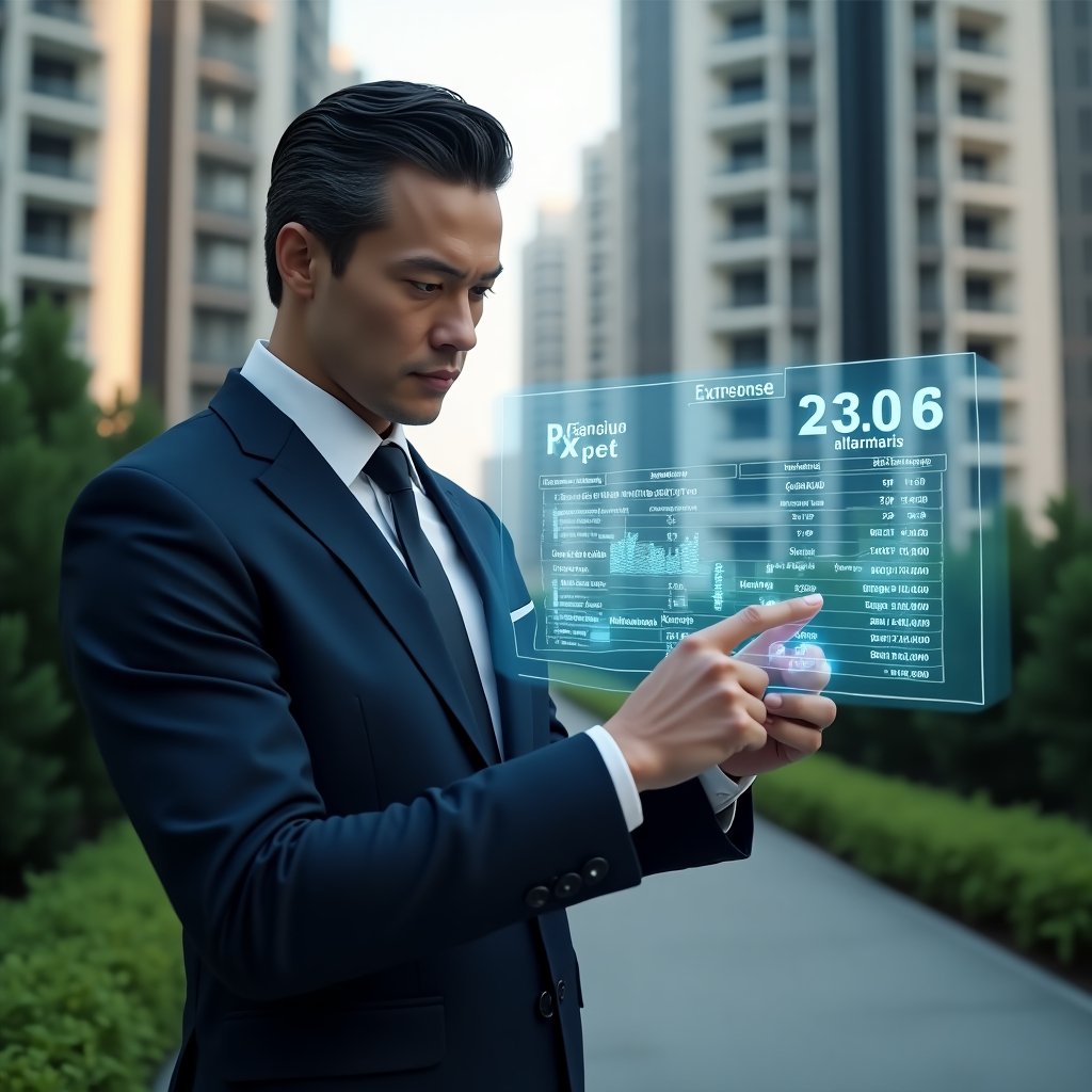 (Ultra-realistic condominium manager in a navy executive suit, set in a modern luxury condominium environment with high-rise buildings and green landscaping, analyzing a transparent holographic financial chart split into “Ordinary” and “Extraordinary” expense columns, pointing at icons of coins and graphs representing budget categories, serious and confident expression, cinematic lighting, shallow depth of field, highly detailed textures, realistic skin, photographic realism, 8k resolution --ar 1:1 --v 6)