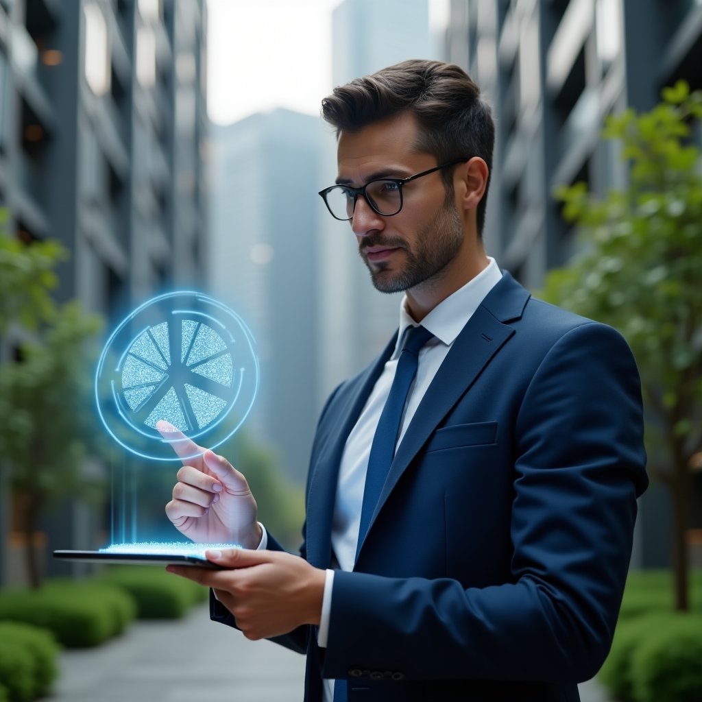 (Ultra-realistic condominium manager in a navy blue suit, set in a modern luxury condominium environment with high-rise buildings and lush green landscaping, medium close-up shot, analyzing a floating holographic pie chart of unit fractions and pointing thoughtfully at the segments, confident and analytical expression, cinematic lighting, shallow depth of field, highly detailed textures, realistic skin, photographic realism, 8k resolution --ar 1:1 --v 6)