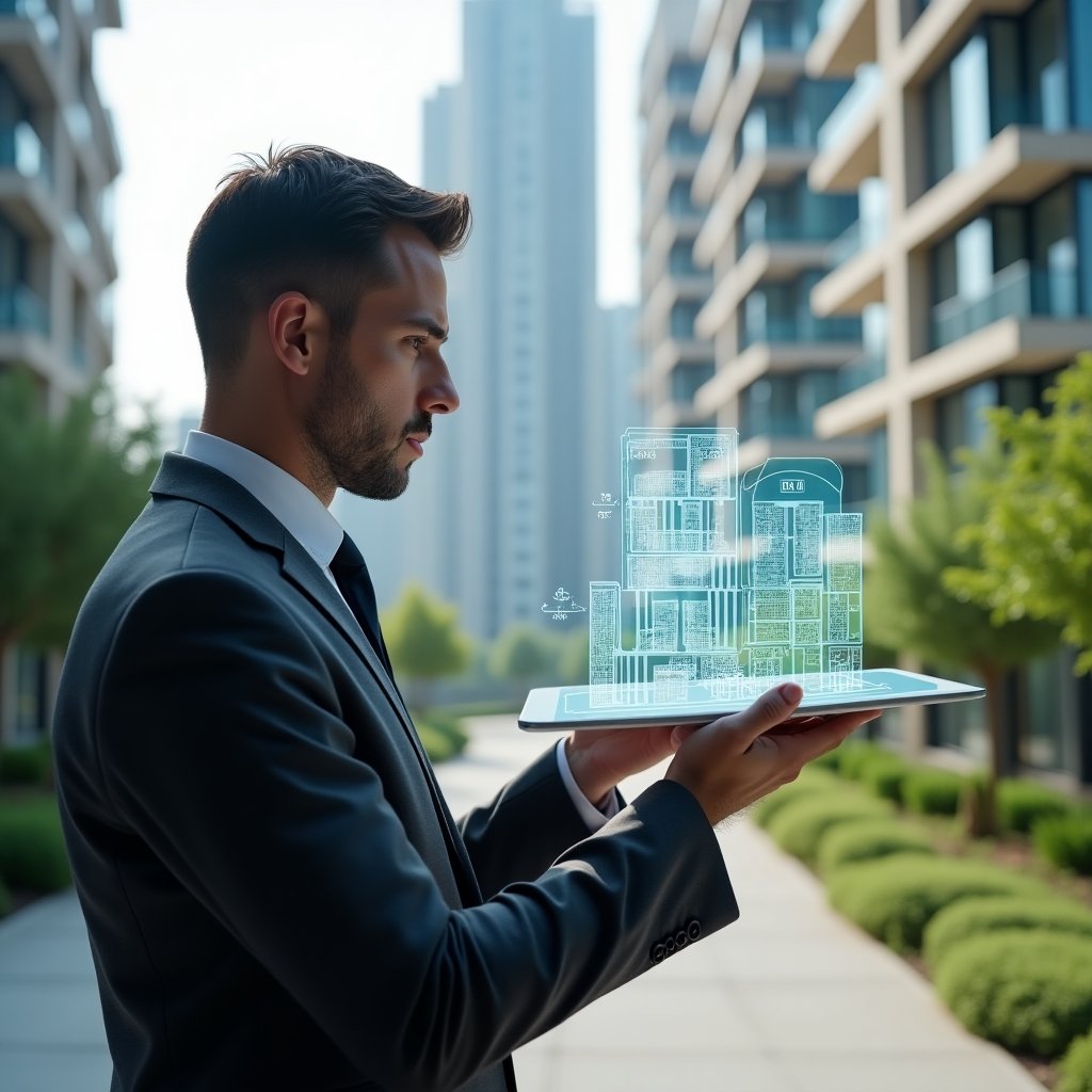Ultra-realistic property manager in a charcoal gray executive suit, set in a modern luxury condominium environment with high-rise buildings and manicured green landscaping, focused and confident while examining a holographic 3D model of a condominium divided into colored fractional segments with percentage labels, cinematic lighting, shallow depth of field, highly detailed textures, realistic skin, photographic realism, 8k resolution --ar 1:1 --v 6