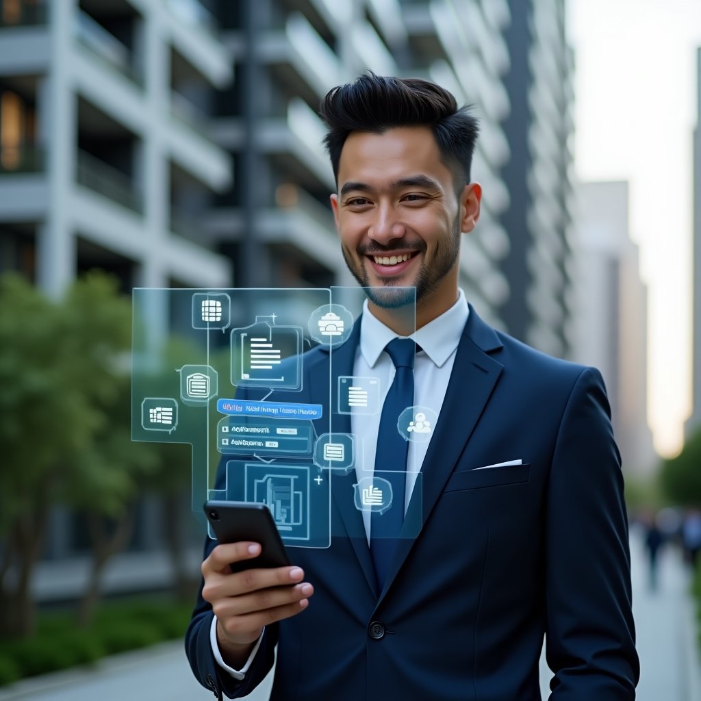 (Ultra-realistic condominium manager in a navy blue tailored suit, set in a modern luxury condominium environment with high-rise buildings and green landscaping, holding a smartphone projecting a holographic chat interface and icons of messages and digital forms to symbolize efficient communication, confident and approachable expression, cinematic lighting, shallow depth of field, highly detailed textures, realistic skin, photographic realism, 8k resolution --ar 1:1 --v 6)