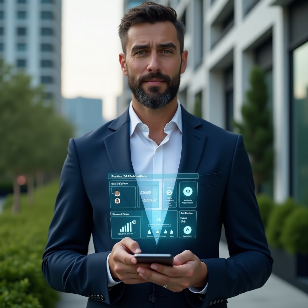 Ultra-realistic condominium manager in a navy suit, set in a modern luxury condominium environment with high-rise buildings and lush green landscaping, medium close-up holding a smartphone displaying a floating holographic dashboard of an aplicativo para condomínio with icons for reservations, financial reports and security alerts, confident and focused expression, cinematic lighting, shallow depth of field, highly detailed textures, realistic skin, photographic realism, 8k resolution --ar 1:1 --v 6