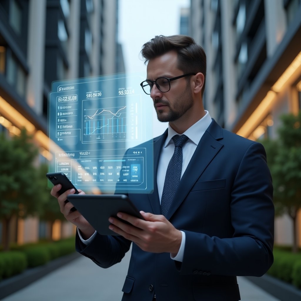 Ultra-realistic condominium manager wearing a tailored navy blue suit, set in a modern luxury condominium environment with high-rise glass towers and manicured greenery, confidently analyzing a glowing holographic financial dashboard projected from a tablet showing expense categories and reduction charts, smartphone in hand displaying a digital condo app interface, cinematic lighting, shallow depth of field, highly detailed textures, realistic skin, photographic realism, 8k resolution --ar 1:1 --v 6
