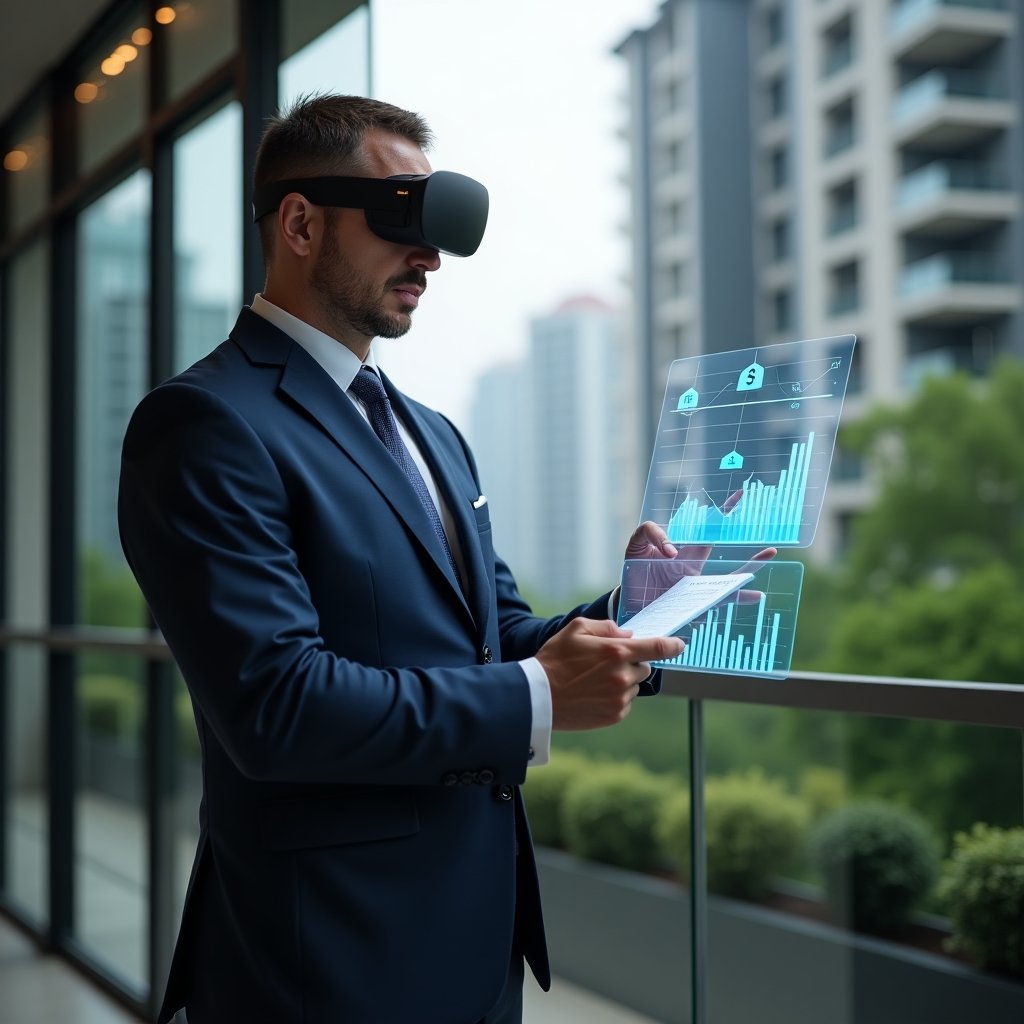 Ultra-realistic condominium manager in a tailored navy suit, set in a modern luxury condominium environment with high-rise buildings and lush green landscaping, mid shot of him reviewing floating holographic expense-reduction charts and bar graphs, with holographic dollar-sign icons, expression confident and focused, cinematic lighting, shallow depth of field, highly detailed textures, realistic skin, photographic realism, 8k resolution --ar 1:1 --v 6