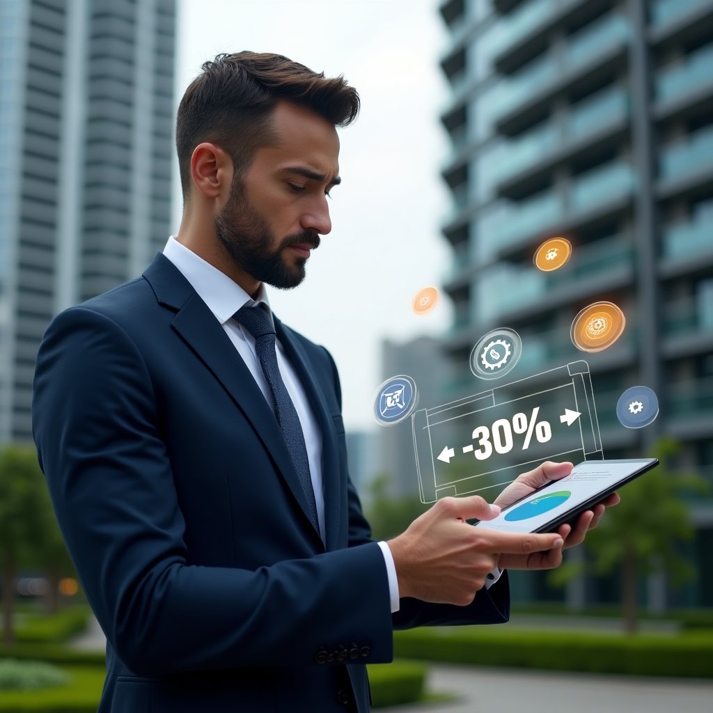(Ultra-realistic condo manager in a tailored navy blue suit, set in a modern luxury condominium environment with tall glass high-rise buildings and manicured green landscaping, analyzing interactive digital charts on a tablet showing a prominent “-30%” cost reduction graphic, holographic icons of bills and gears floating around, confident expression, cinematic lighting, shallow depth of field, highly detailed textures, realistic skin, photographic realism, 8k resolution --ar 1:1 --v 6)