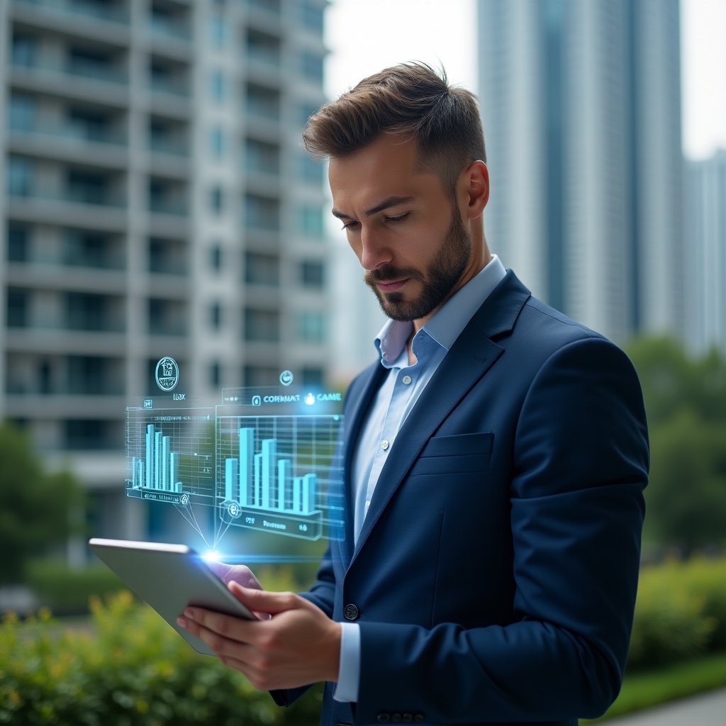 Ultra-realistic condominium manager in a navy-blue business suit, set in a modern luxury condominium environment with high-rise buildings and green landscaping, confidently reviewing digital contracts on a tablet while floating holographic cost-saving graphs and contract icons appear around them, cinematic lighting, shallow depth of field, highly detailed textures, realistic skin, photographic realism, 8k resolution --ar 1:1 --v 6