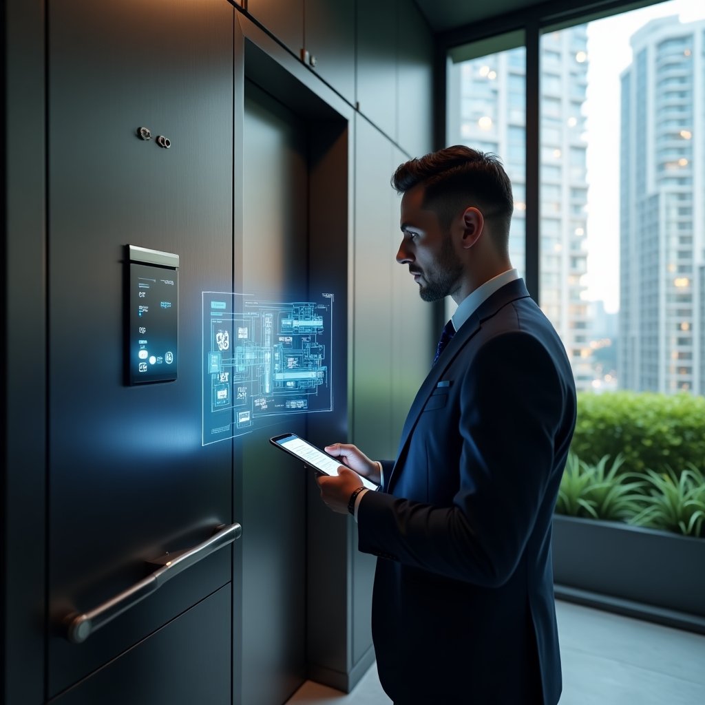 (Ultra-realistic condominium manager in a dark blue tailored suit, set in a modern luxury condominium environment with high-rise buildings and manicured green landscaping, inspecting an open elevator control panel while holding a digital tablet, surrounded by holographic safety icons and elevator blueprint overlays, cinematic lighting, shallow depth of field, highly detailed textures, realistic skin, photographic realism, 8k resolution --ar 1:1 --v 6)