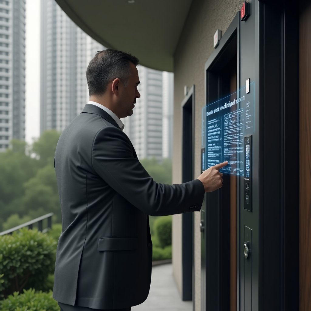 Ultra-realistic condominium manager in a charcoal gray suit, set in a modern luxury condominium environment with high-rise buildings and manicured gardens, confidently inspecting an elevator control panel while a holographic maintenance checklist and sensor data float in the air, cinematic lighting, shallow depth of field, highly detailed textures, realistic skin, photographic realism, 8k resolution --ar 1:1 --v 6