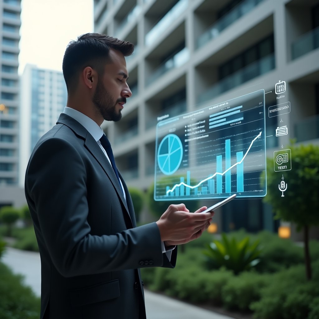 (Ultra-realistic condo manager in a charcoal gray suit, set in a modern luxury condominium environment with high-rise buildings and manicured green landscaping, mid shot analyzing a holographic dashboard of automated payment reminders and falling delinquency graphs projected above a tablet, digital icons of notifications and invoices floating around, confident and focused expression, cinematic lighting, shallow depth of field, highly detailed textures, realistic skin, photographic realism, 8k resolution --ar 1:1 --v 6)