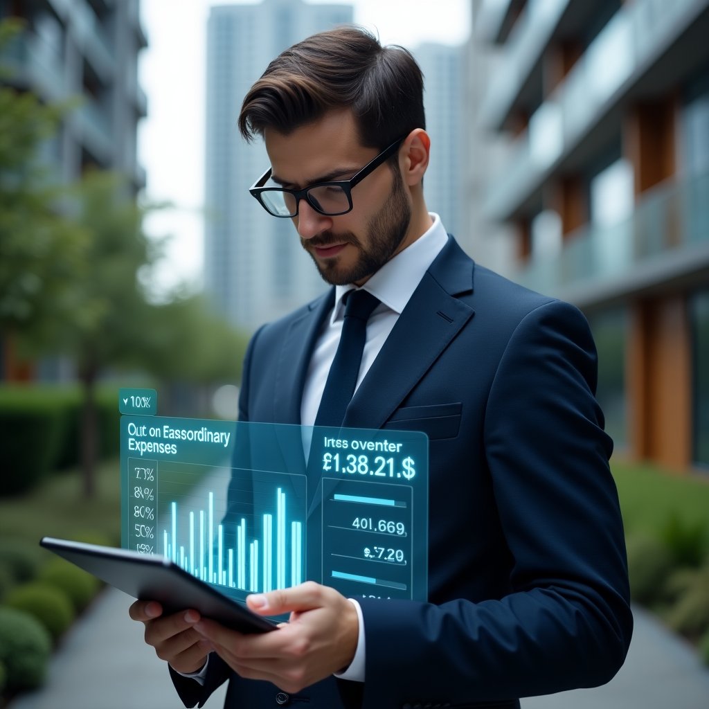 (Ultra-realistic condominium manager in a tailored navy blue suit, set in a modern luxury condominium environment with high-rise buildings and landscaped greenery, analyzing holographic financial charts comparing ordinary vs extraordinary expenses on a transparent tablet, glowing expense icons and a reserve fund hologram floating beside, confident and thoughtful expression, cinematic lighting, shallow depth of field, highly detailed textures, realistic skin, photographic realism, 8k resolution --ar 1:1 --v 6)