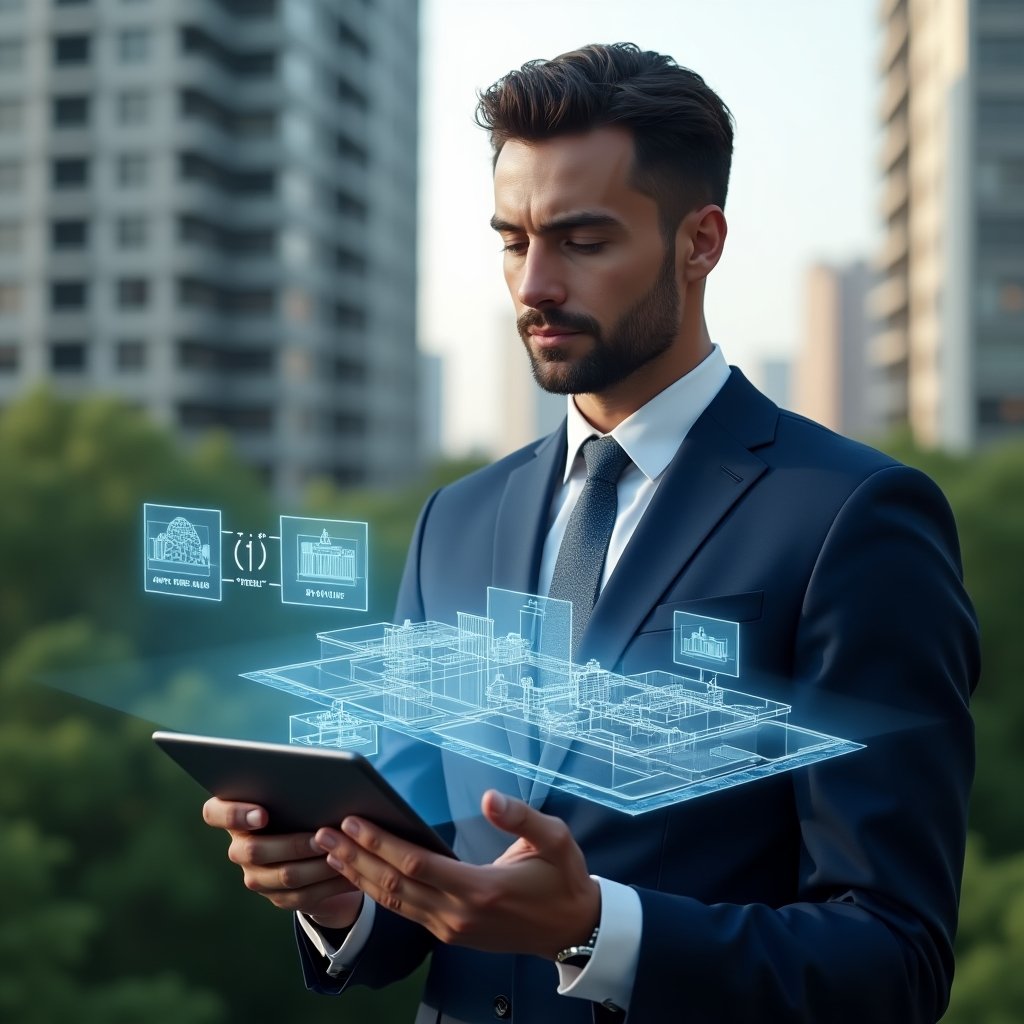 (Ultra-realistic condominium manager in a navy-blue executive suit, set in a modern luxury condominium environment with high-rise buildings and lush green landscaping, holding a digital tablet while gesturing at a holographic 3D floor plan showing fraction ideal percentages and warning icons, confident and focused expression, cinematic lighting, shallow depth of field, highly detailed textures, realistic skin, photographic realism, 8k resolution --ar 1:1 --v 6)