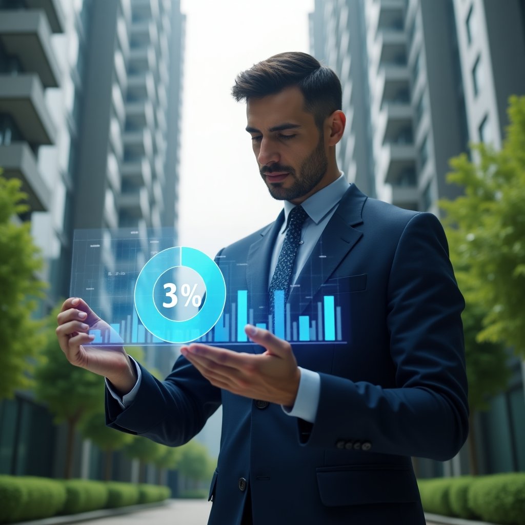 (Ultra-realistic condominium manager in a navy blue suit, set in a modern luxury condominium environment with high-rise buildings and lush green landscaping, mid shot focusing on a confident professional analyzing a holographic pie chart with fractional percentages and apartment unit icons floating before them, cinematic lighting, shallow depth of field, highly detailed textures, realistic skin, photographic realism, 8k resolution --ar 1:1 --v 6)
