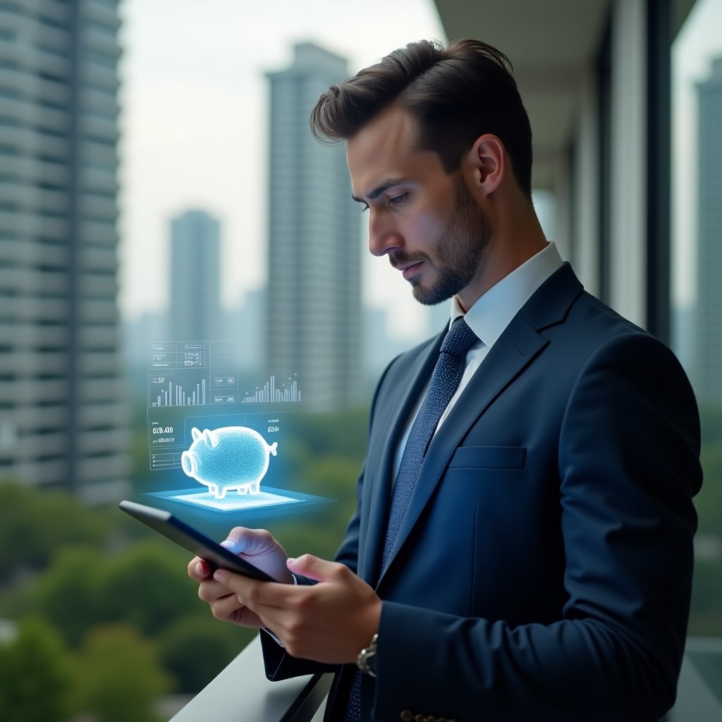 (Ultra-realistic condominium manager in a navy suit, set in a modern luxury condominium environment with high-rise buildings and green landscaping, holding a digital tablet and analyzing a holographic financial chart of reserve funds, a floating translucent piggy bank icon next to the tablet, confident and focused expression, cinematic lighting, shallow depth of field, highly detailed textures, realistic skin, photographic realism, 8k resolution --ar 1:1 --v 6)