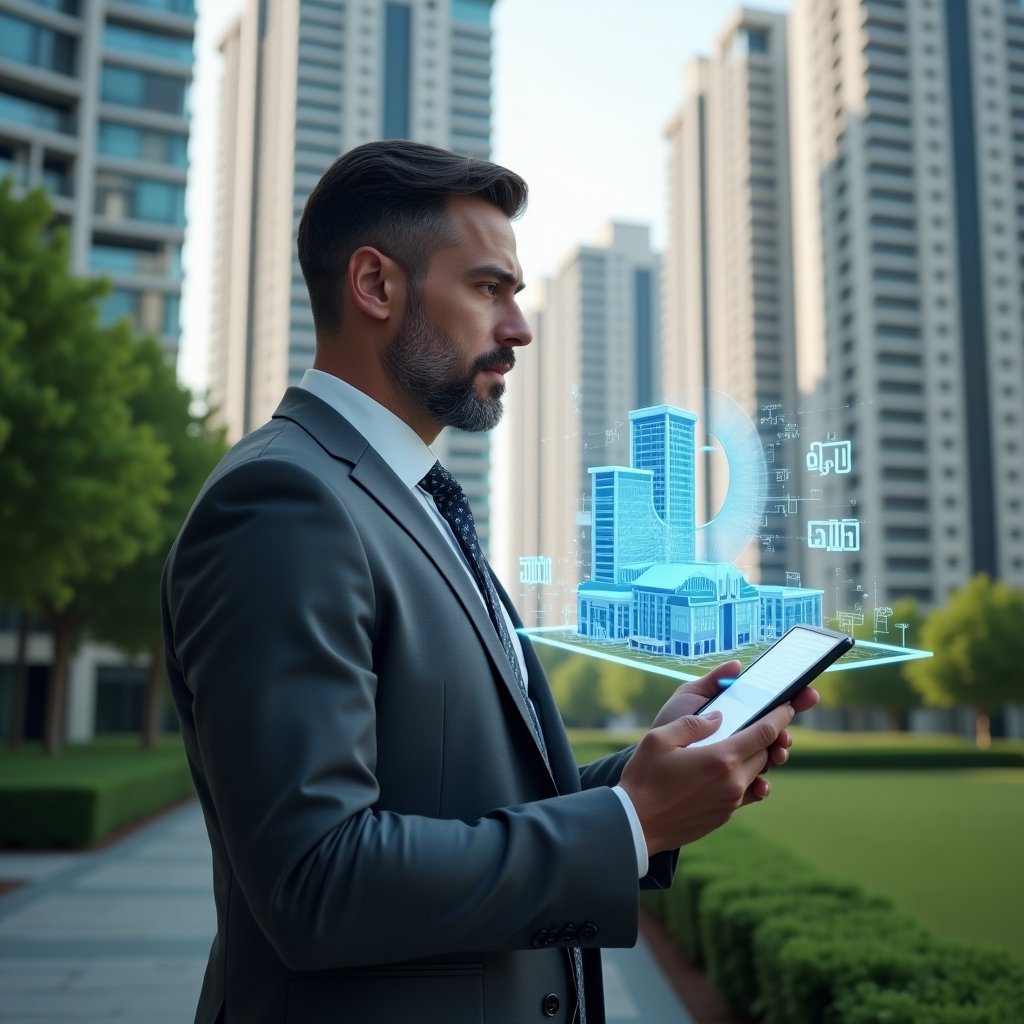 (Ultra-realistic condominium manager in a charcoal gray suit, set in a modern luxury condominium environment with high-rise buildings and manicured green landscaping, analyzing a holographic fractional pie chart overlayed on a 3D building model while holding a digital tablet, holographic icons of meeting agendas and property documents floating around, confident and thoughtful expression, cinematic lighting, shallow depth of field, highly detailed textures, realistic skin, photographic realism, 8k resolution --ar 1:1 --v 6)