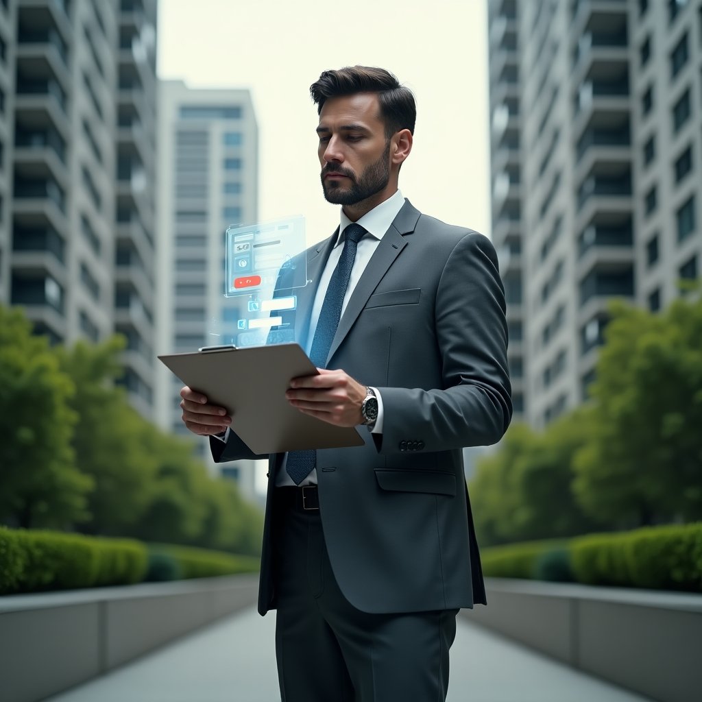 (Ultra-realistic condominium manager in a tailored gray suit, set in a modern luxury condominium environment with high-rise buildings and lush green landscaping, mid-shot holding a clipboard and engaging with a holographic checklist and floating error icons, serious and focused expression, cinematic lighting, shallow depth of field, highly detailed textures, realistic skin, photographic realism, 8k resolution --ar 1:1 --v 6)