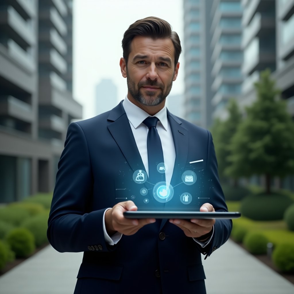 (Ultra-realistic condominium manager in a sharp navy suit, set in a modern luxury condominium environment with high-rise towers and manicured green landscaping, mid-shot of the manager holding a transparent holographic tablet displaying icons for communication, finances, and maintenance, confident and focused expression, cinematic lighting, shallow depth of field, highly detailed textures, realistic skin, photographic realism, 8k resolution --ar 1:1 --v 6)