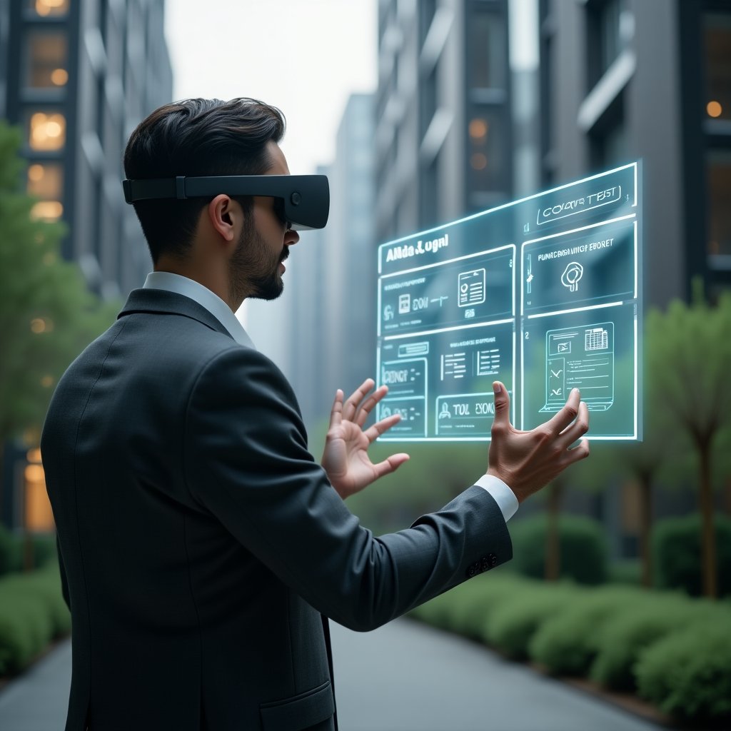 (Ultra-realistic condominium manager in a charcoal grey suit, set in a modern luxury condominium environment with high-rise buildings and green landscaping, medium close-up of a focused professional gesturing at a holographic floating display of document icons, contract checklists and cloud storage symbols, cinematic lighting, shallow depth of field, highly detailed textures, realistic skin, photographic realism, 8k resolution --ar 1:1 --v 6)