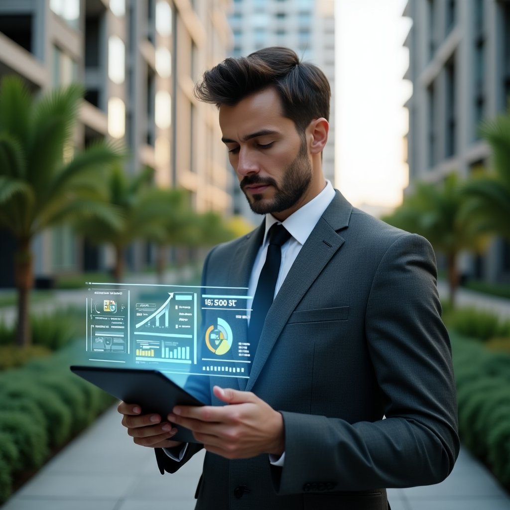 Ultra-realistic professional condominium manager in a tailored charcoal gray suit, set in a modern luxury condominium environment with high-rise buildings and lush green landscaping, analyzing financial reports displayed on a digital tablet with holographic charts and a floating checklist, confident and focused expression, cinematic lighting, shallow depth of field, highly detailed textures, realistic skin, photographic realism, 8k resolution --ar 1:1 --v 6
