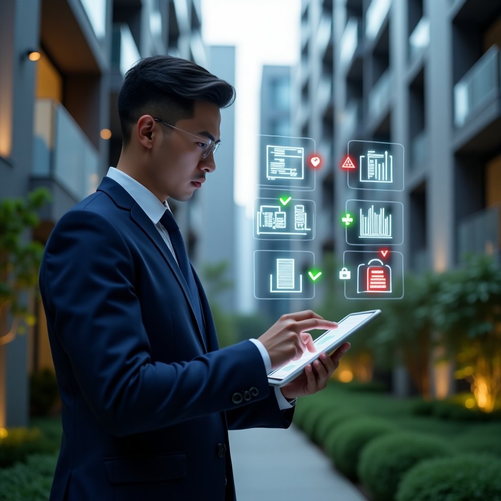 Ultra-realistic condominium manager in a navy blue suit in a modern luxury condominium environment with high-rise buildings and manicured green landscaping, analyzing holographic financial charts on a tablet with red warning icons and green checkmarks, floating icons of invoices, graphs and padlocks symbolizing expense management and transparency, cinematic lighting, shallow depth of field, highly detailed textures, realistic skin, photographic realism, 8k resolution --ar 1:1 --v 6