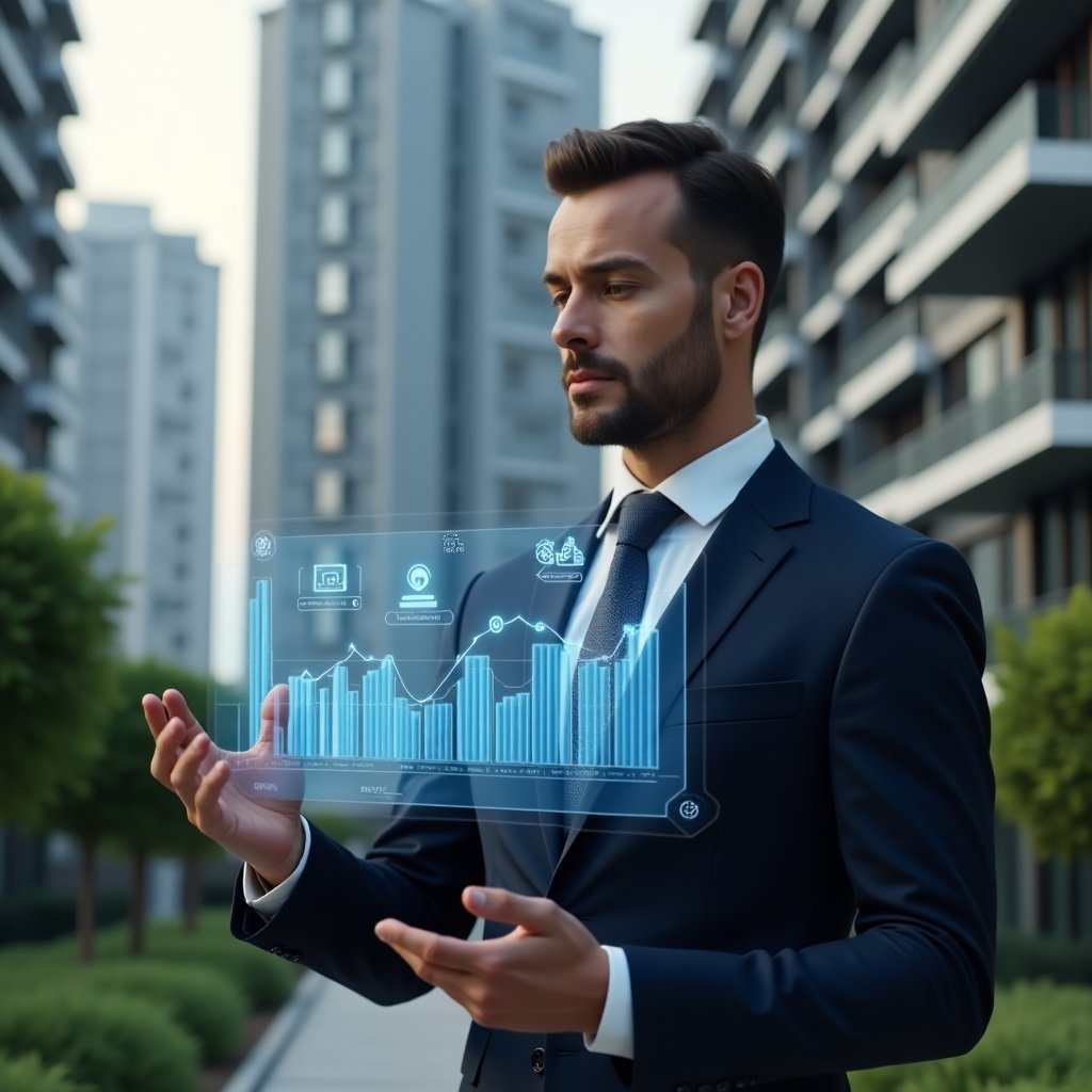 Ultra-realistic condominium manager in a navy tailored suit, set in a modern luxury condominium environment with high-rise buildings and manicured gardens, mid-shot of the manager analyzing a transparent holographic financial chart and gesturing toward floating icons representing budgeting, communication, automation, documentation, and maintenance, confident and focused expression, cinematic lighting, shallow depth of field, highly detailed textures, realistic skin, photographic realism, 8k resolution --ar 1:1 --v 6