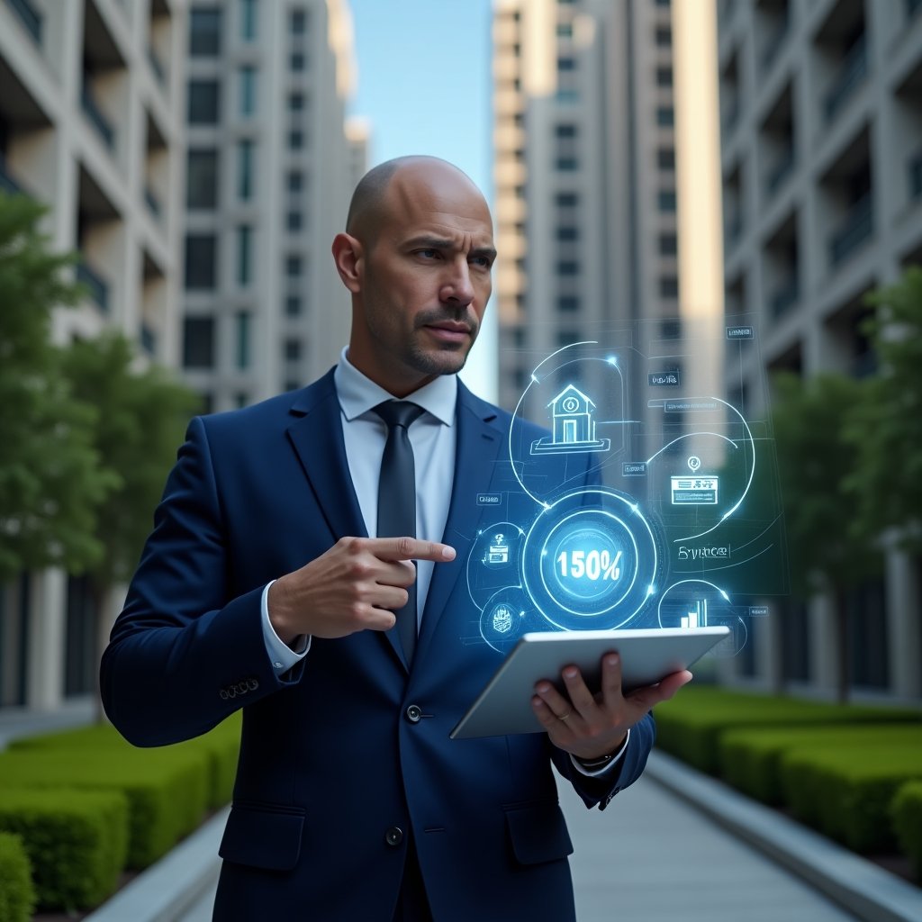 Ultra-realistic condominium manager in a navy blue tailored suit, set in a modern luxury condominium environment with high-rise buildings and manicured green landscaping, examining holographic financial charts floating above a tablet, pointing decisively at a glowing discount icon, digital cost analysis displays and calculator symbols around, confident expression, cinematic lighting, shallow depth of field, highly detailed textures, realistic skin, photographic realism, 8k resolution --ar 1:1 --v 6
