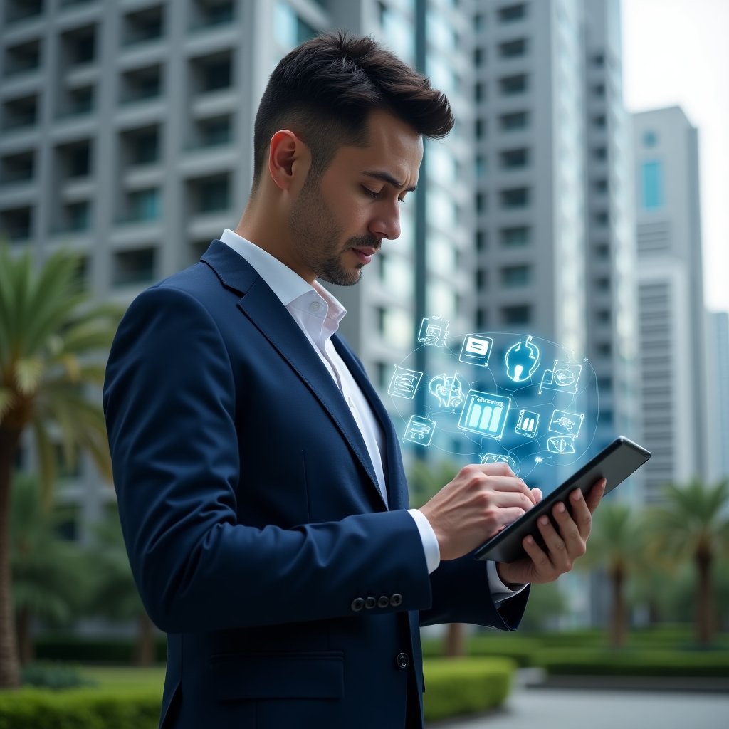Ultra-realistic condominium manager in a navy blue tailored suit, set in a modern luxury condominium environment with high-rise buildings and green landscaping, confidently examining a digital tablet displaying a management dashboard while holographic icons of communication, finance, document storage, maintenance schedules, and supplier contracts float around, cinematic lighting, shallow depth of field, highly detailed textures, realistic skin, photographic realism, 8k resolution --ar 1:1 --v 6