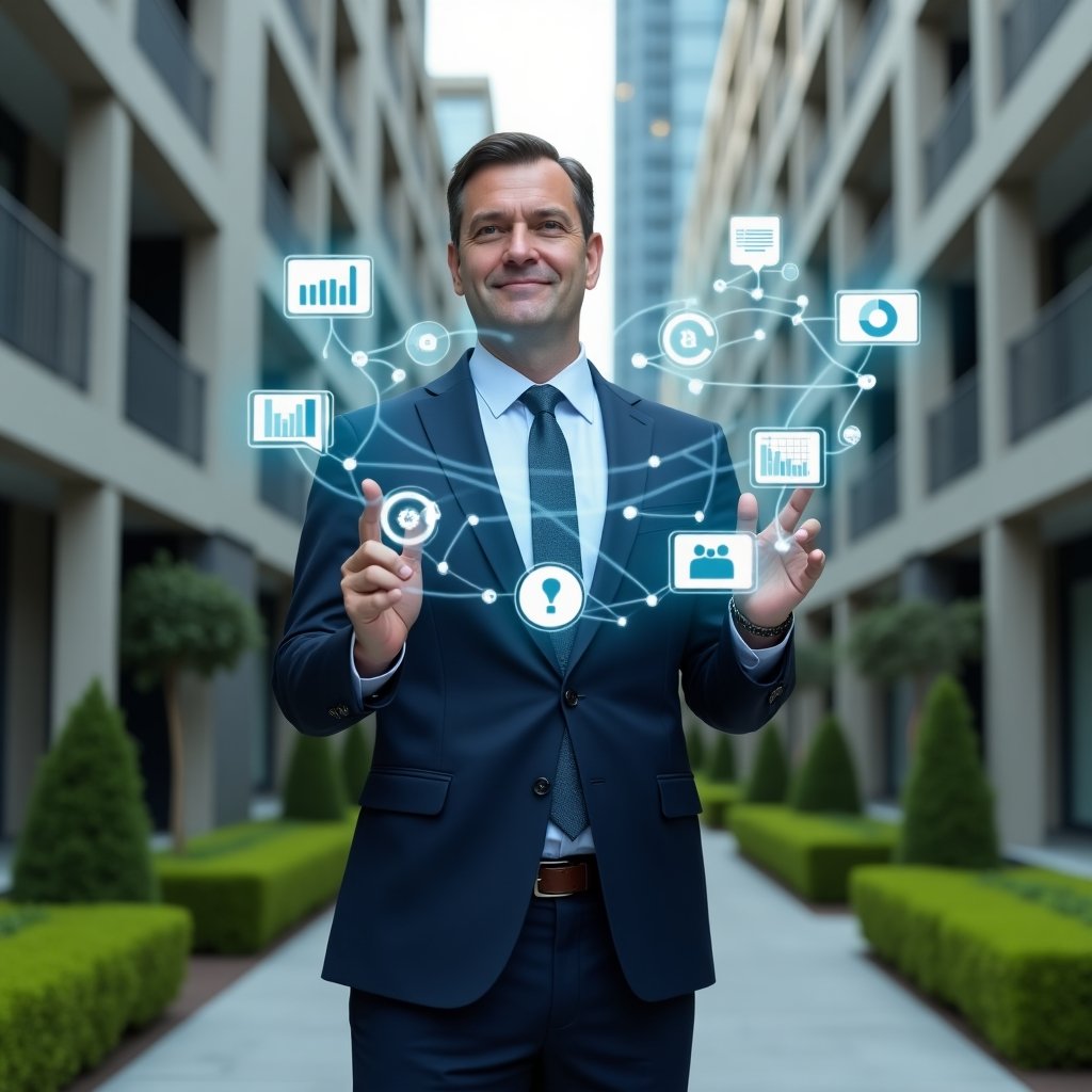 (Ultra-realistic property manager in a navy suit, set in a modern luxury condominium environment with high-rise buildings and manicured green landscaping, confidently interacting with floating holographic icons representing communication bubbles, financial charts, document folders, maintenance tools and vendor performance gauges, cinematic lighting, shallow depth of field, highly detailed textures, realistic skin, photographic realism, 8k resolution --ar 1:1 --v 6)